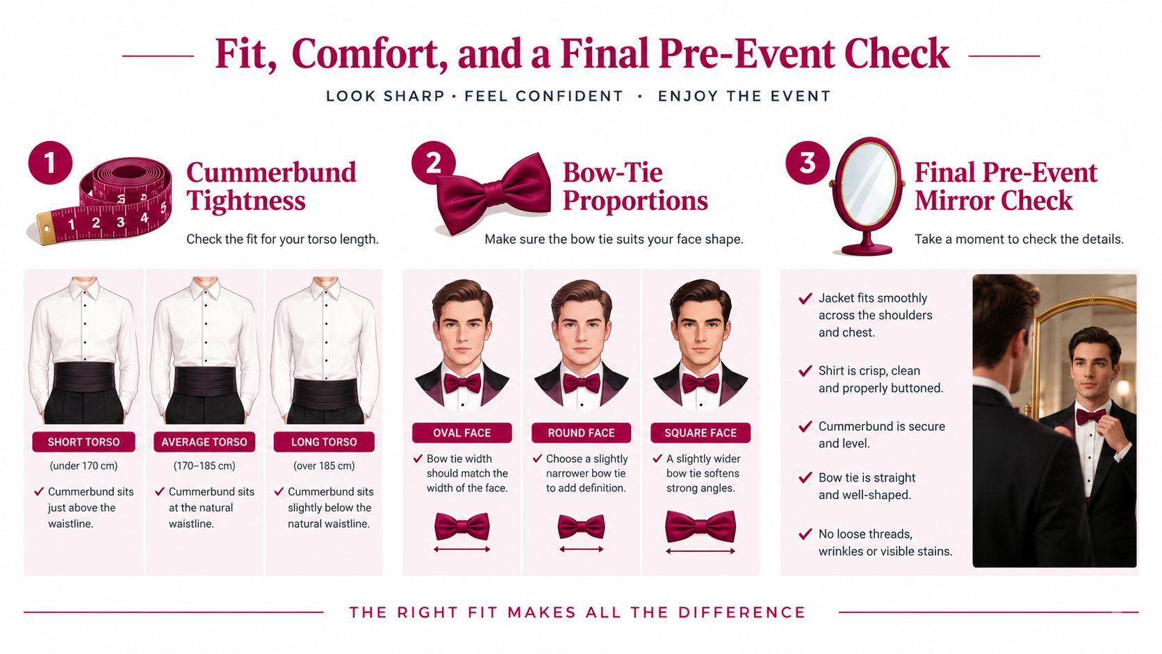 A comprehensive infographic guide on fitting a cummerbund, choosing a bow tie for face shapes, and pre-event checks.