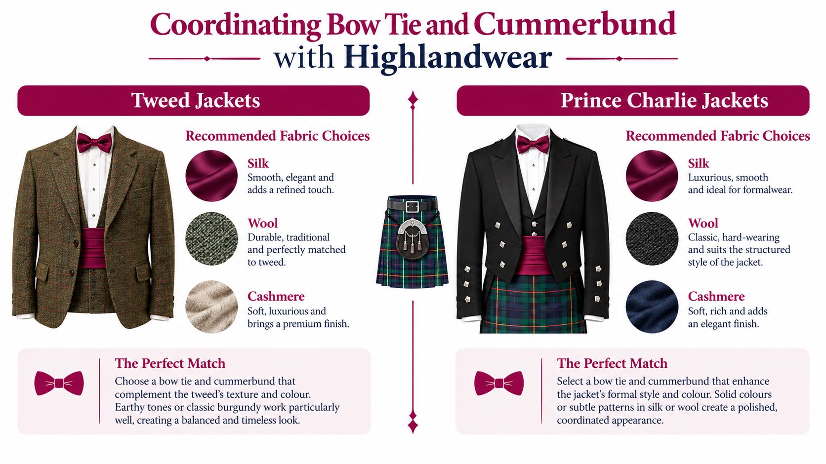 A guide on coordinating bow ties and cummerbunds with tweed and Prince Charlie Highlandwear jackets.
