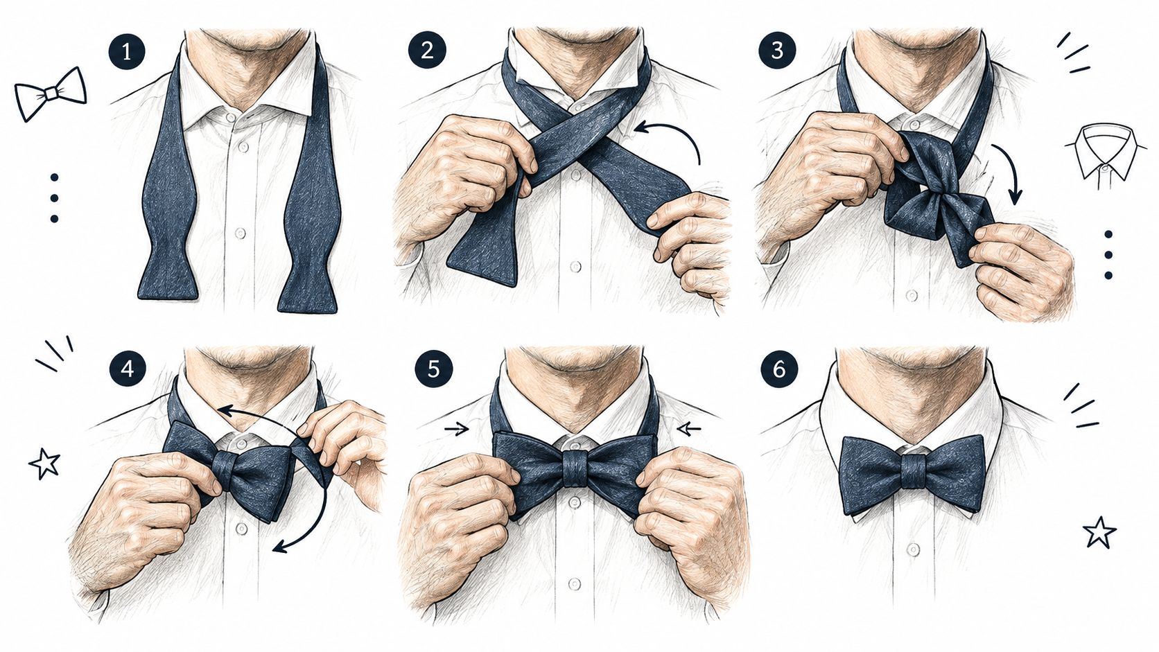 A step-by-step illustrated guide showing a man how to tie a formal bow tie around his collar.