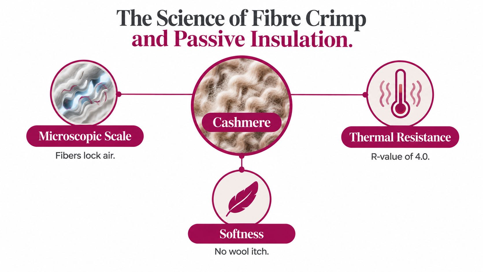 A diagram explaining the science behind cashmere's insulating fiber crimp, thermal resistance, and softness for warmth.