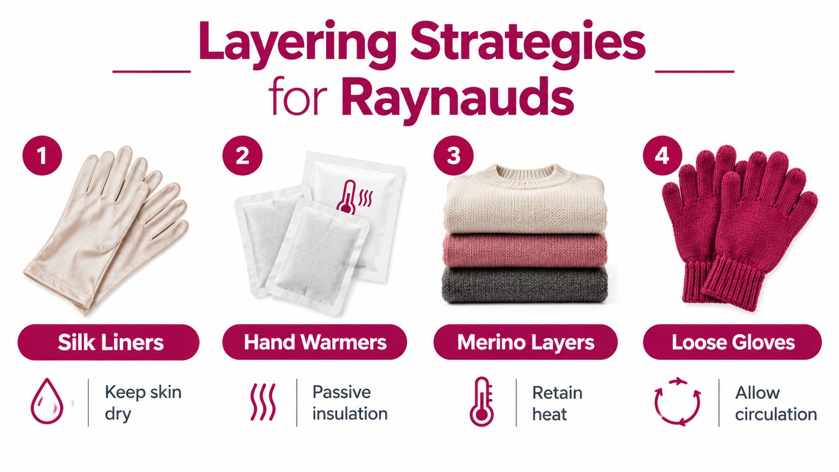 A diagram outlining four layering strategies for Raynaud's, including silk liners, hand warmers, merino layers, and loose gloves.