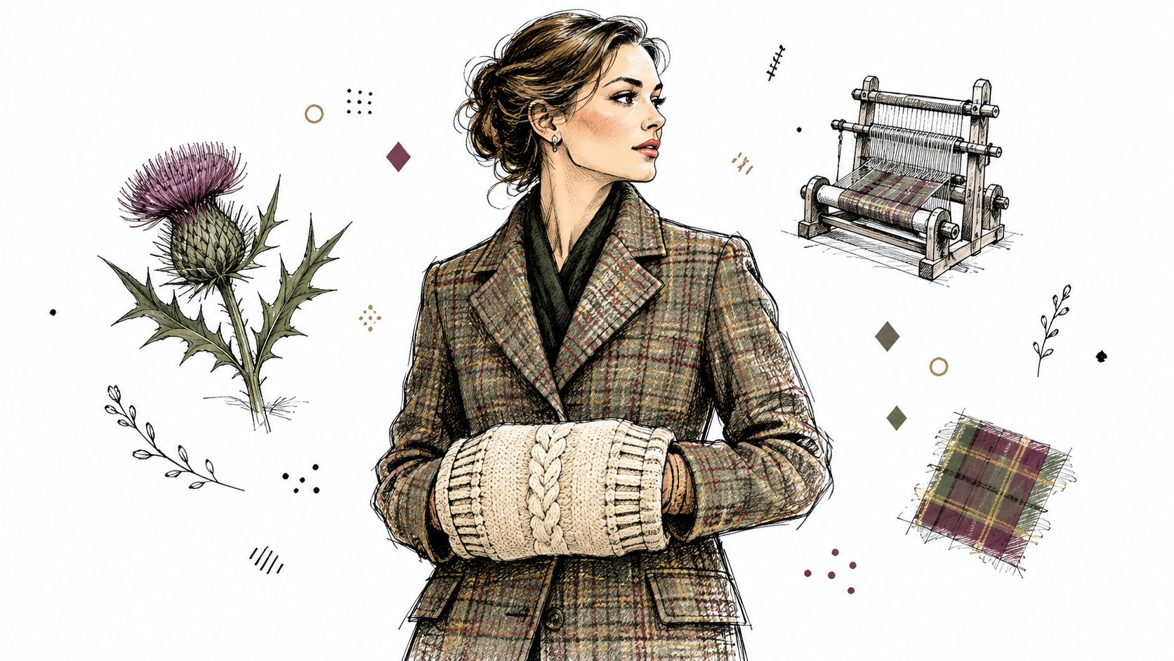 An elegant woman wearing a wool plaid blazer and knit cashmere hand warmers near Scottish design elements.