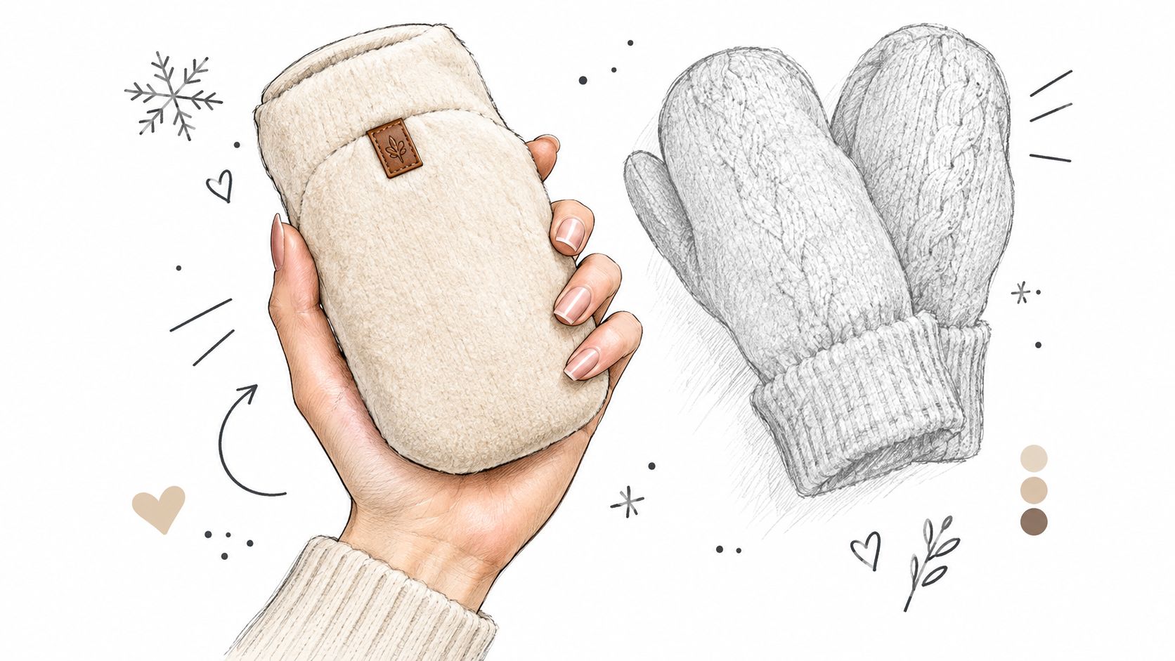 A hand holding a soft beige cashmere hand warmer beside a sketch of knitted mittens.
