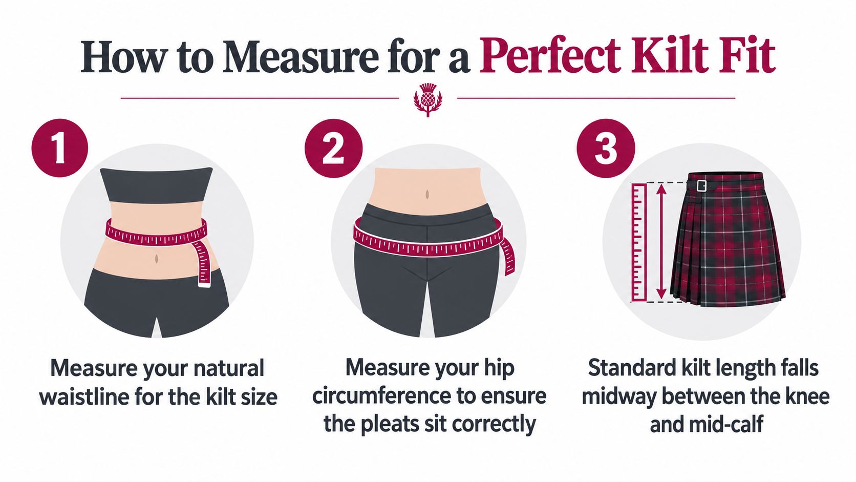 A diagram illustrating the three steps to measure a body correctly for a perfectly fitted kilt.