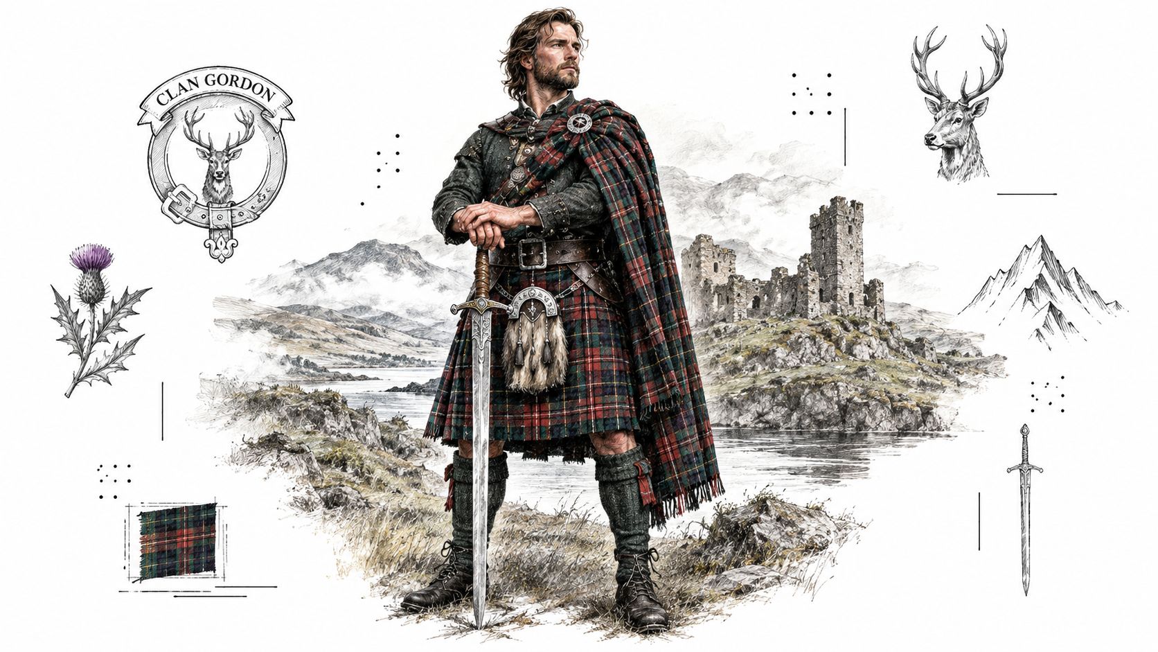 A Scottish highlander wearing a traditional Gordon tartan kilt and holding a sword near a ruined castle.