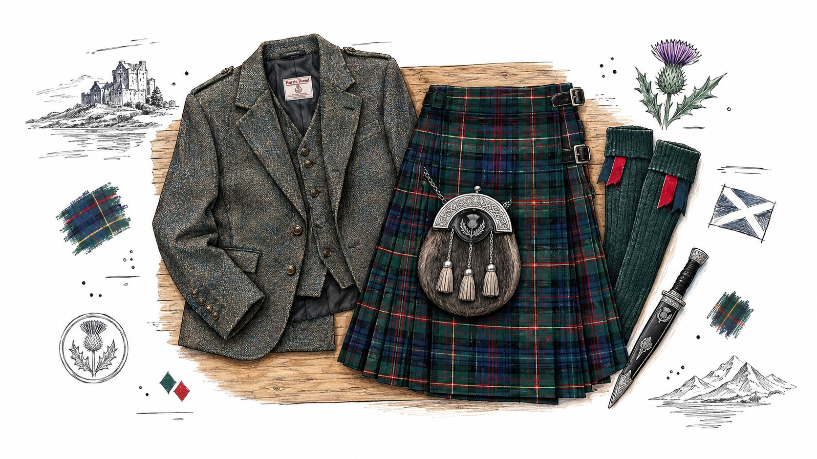A professional illustration of a Scottish Highland outfit featuring a Harris Tweed jacket, a Gordon tartan kilt, and accessories.