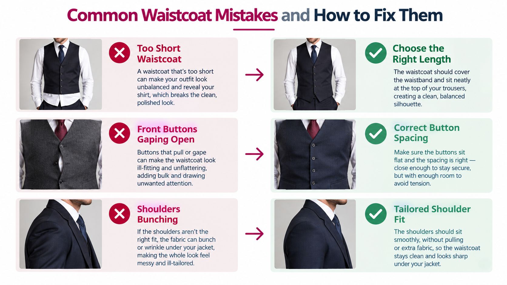 A visual guide comparing common waistcoat fit mistakes with correct tailoring examples for men's formal wear.