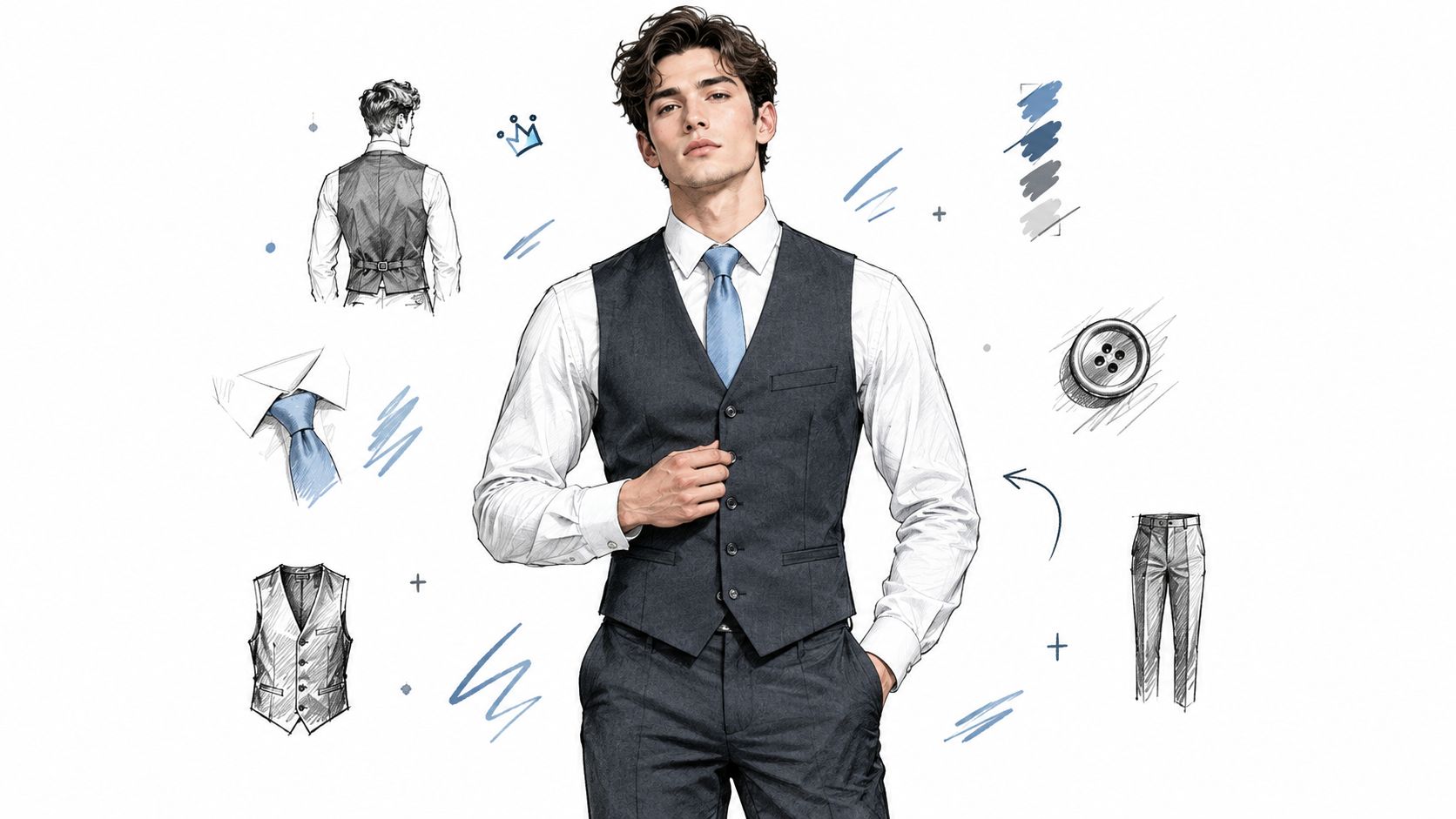 A stylish man modeling a formal charcoal waistcoat and light blue tie with illustrated fashion design details.