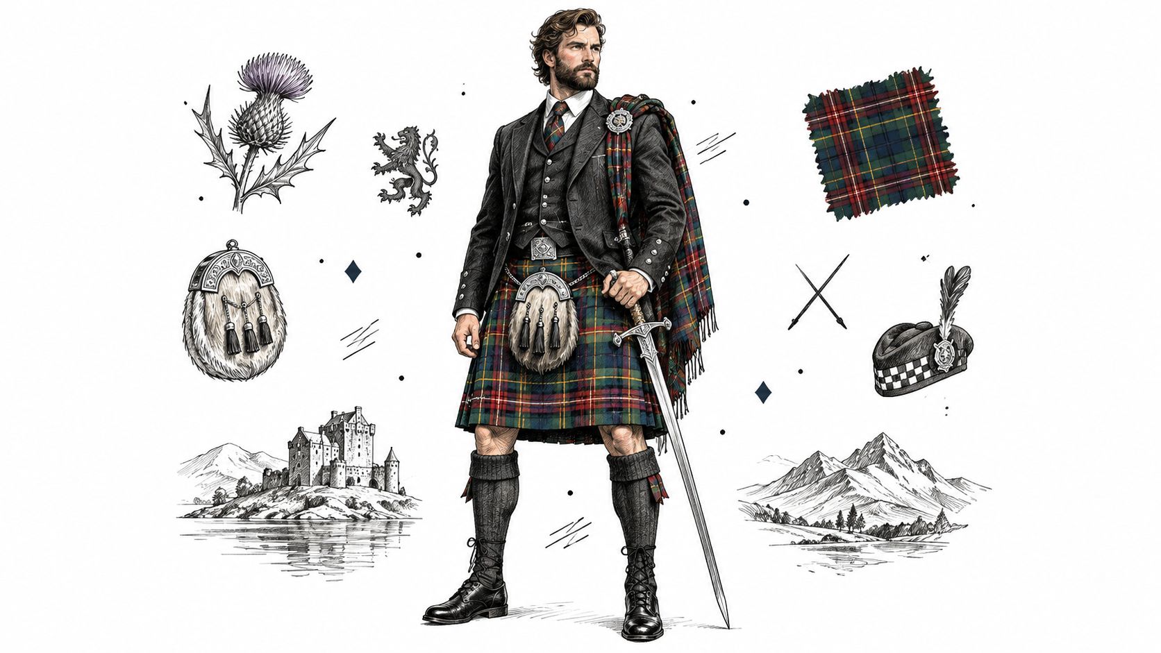 A stylish man dressed in traditional Scottish attire including a kilt, waistcoat, and plaid, surrounded by cultural symbols.