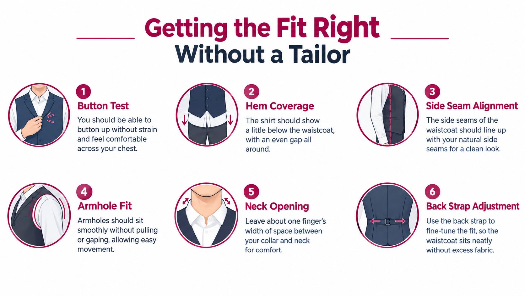 An infographic showing six simple steps for achieving a perfect fit when wearing a men's waistcoat.