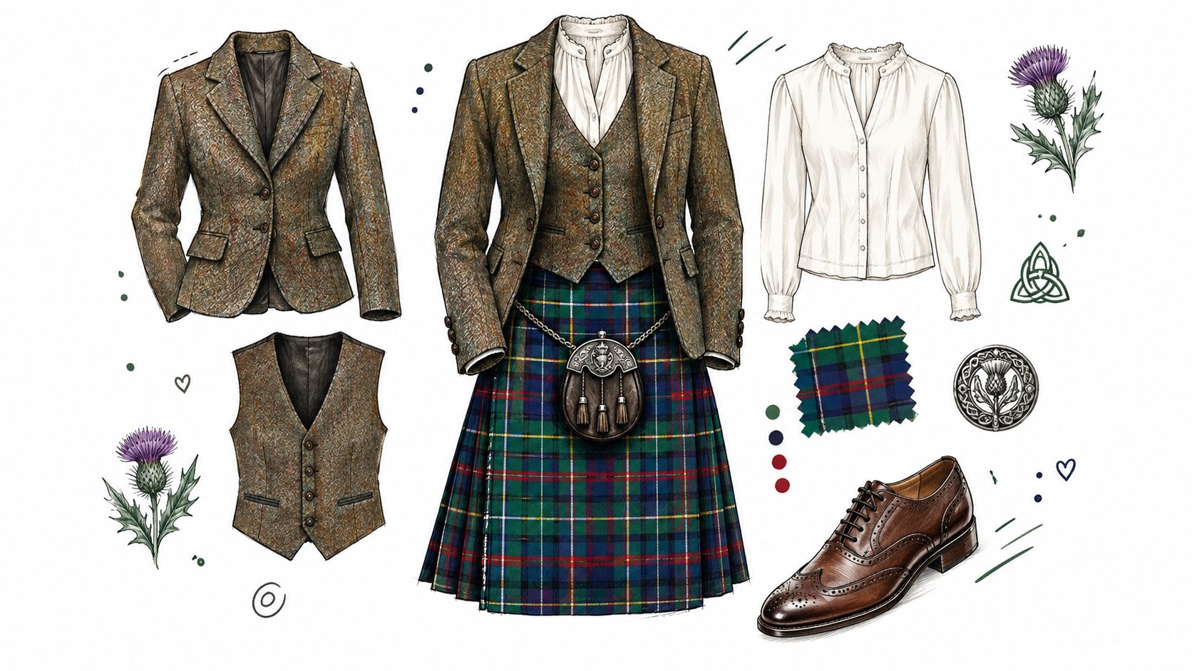 A fashion illustration featuring a ladies tartan kilt outfit, including a tweed jacket, vest, blouse, and brogues.