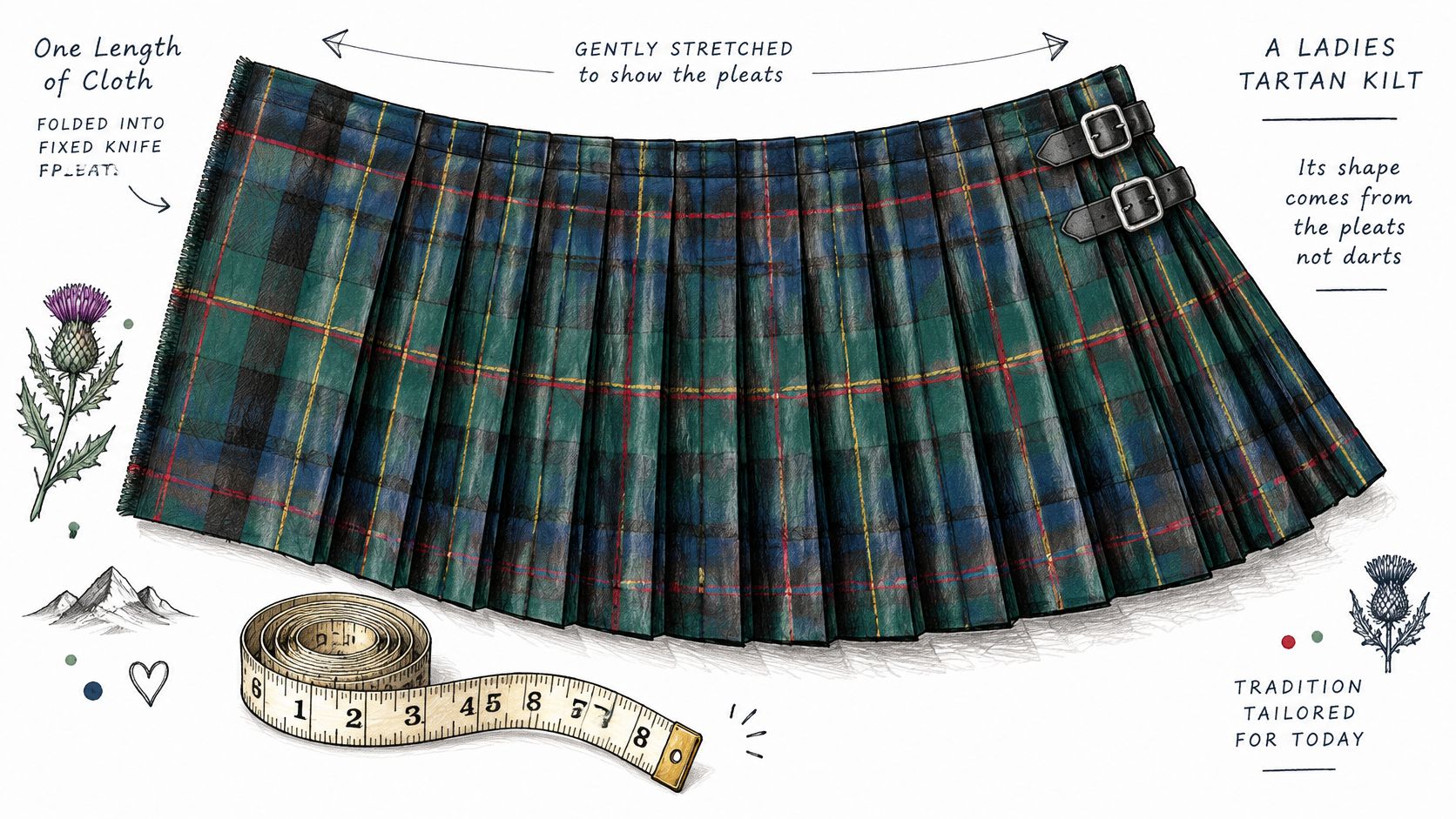 A detailed illustration of a ladies tartan kilt showing its pleats and leather buckle closures.