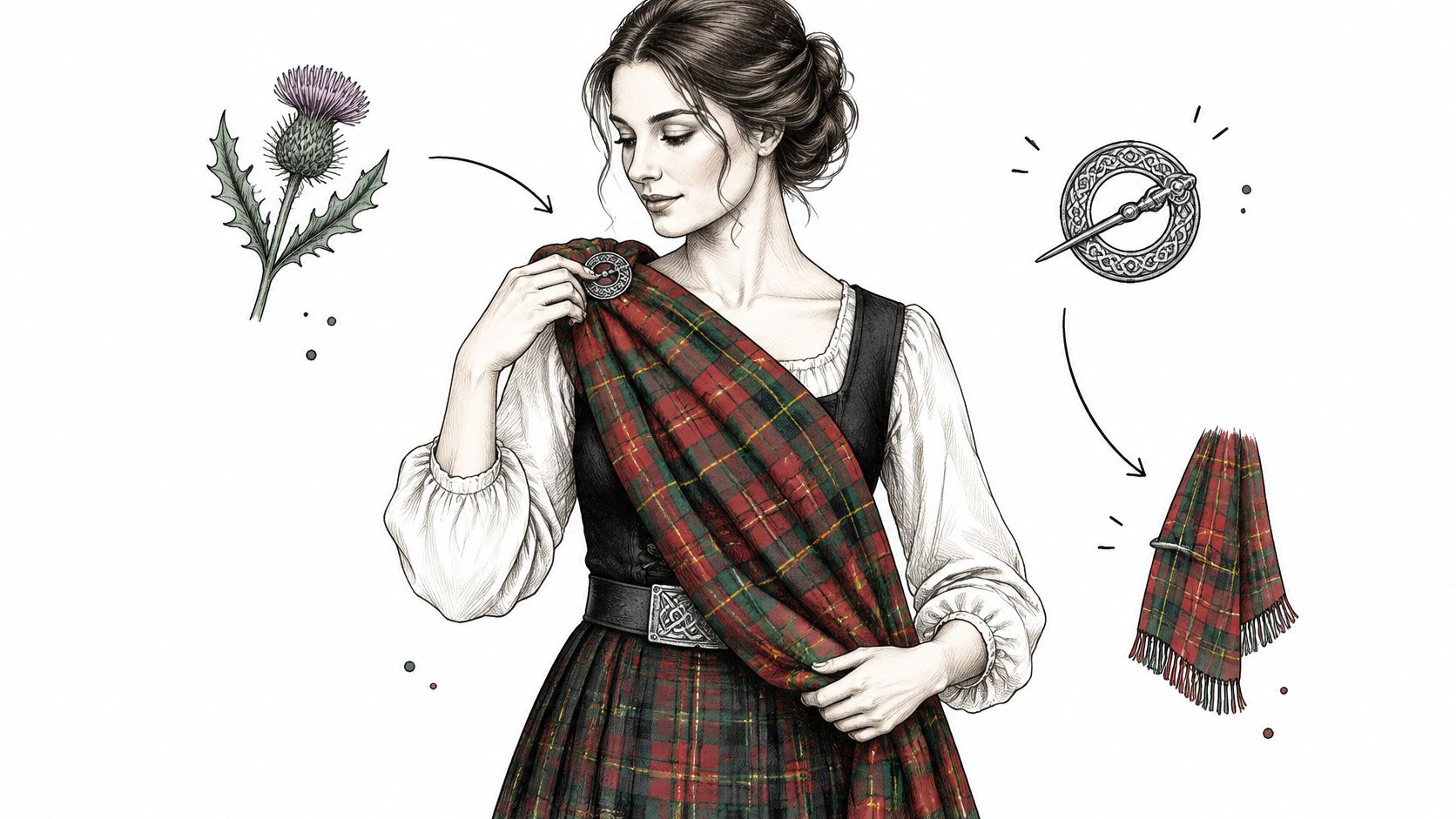 A woman wearing a traditional Scottish tartan sash secured with an ornate brooch over her dress.