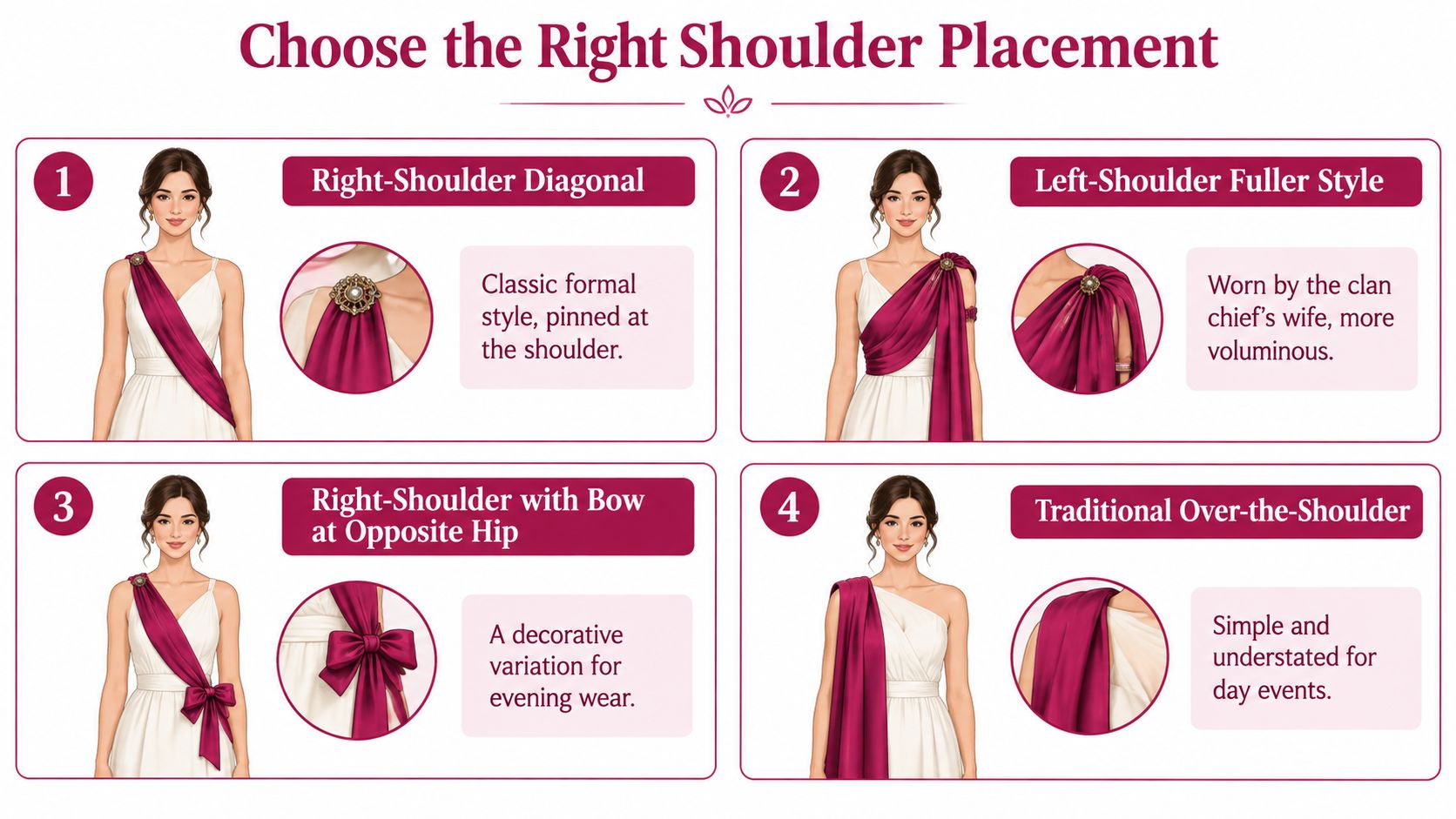 An infographic showing four different styles for wearing a ladies tartan sash over a white dress.