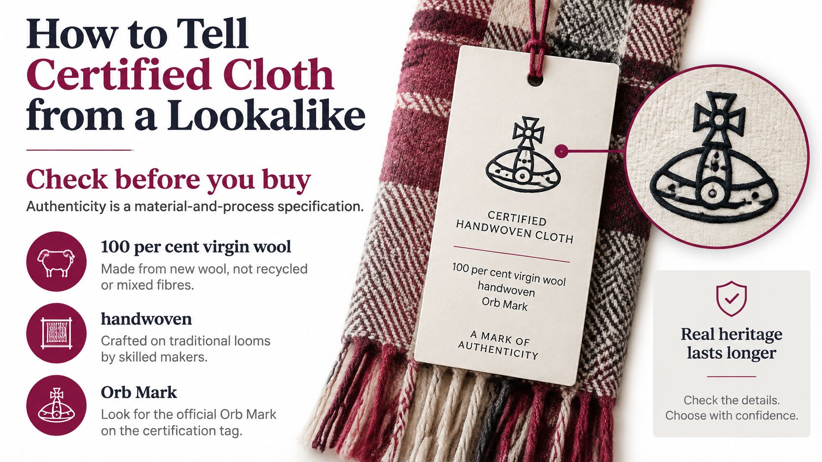 A guide on how to identify authentic certified handwoven wool cloth using official tags and branding.