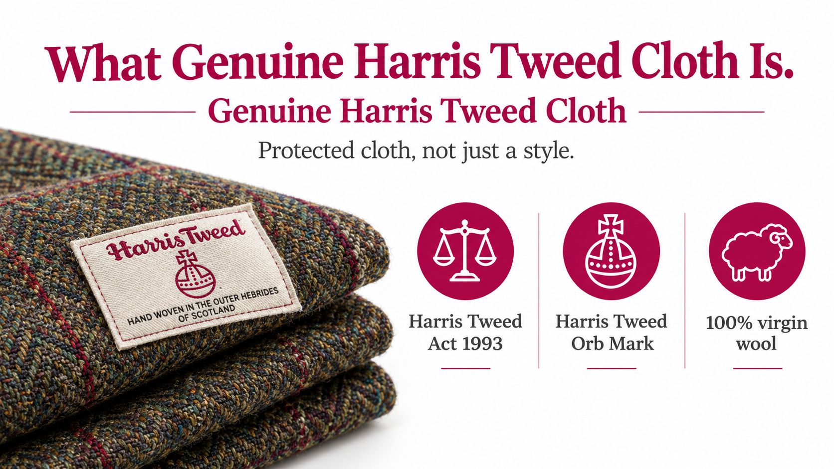 A close-up view of folded Harris Tweed cloth featuring the official authentication tag and fabric details.