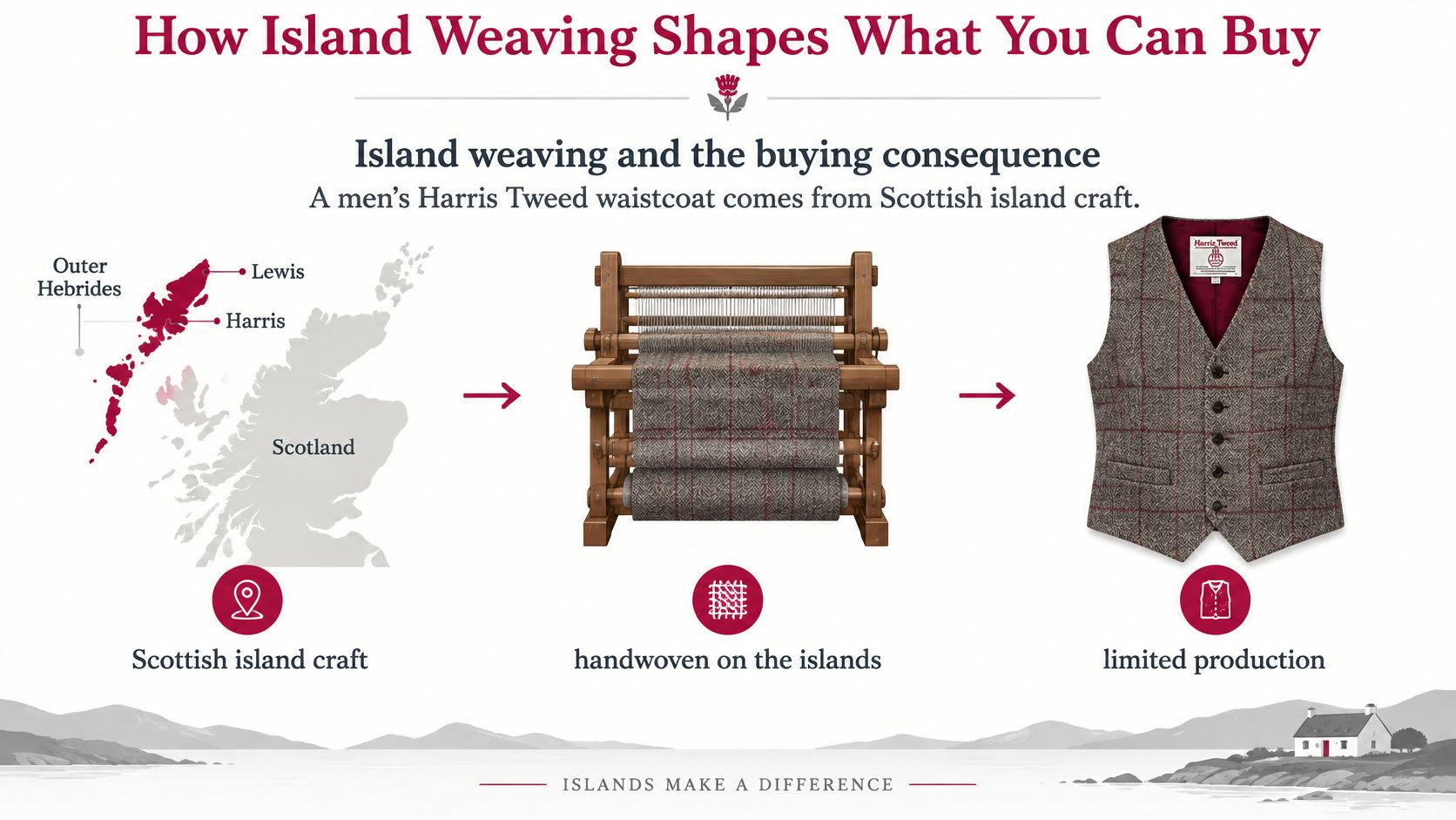 An infographic showing the production process of a men's Harris Tweed waistcoat from Scottish island weaving.