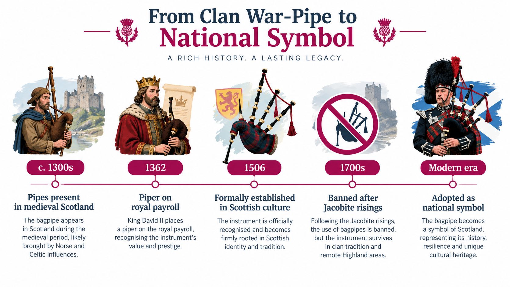 A timeline infographic titled From Clan War-Pipe to National Symbol showing the history of Scottish bagpipes.