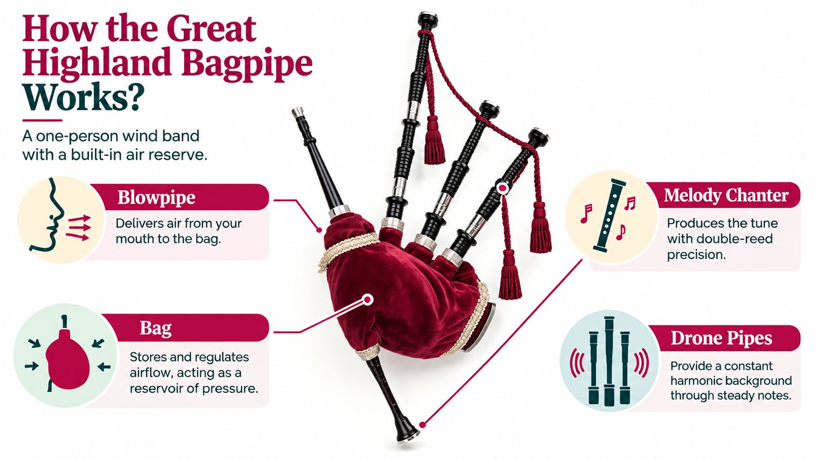A labeled diagram explaining the functional parts of the Great Highland Bagpipe, including the blowpipe, bag, chanter, and drones.
