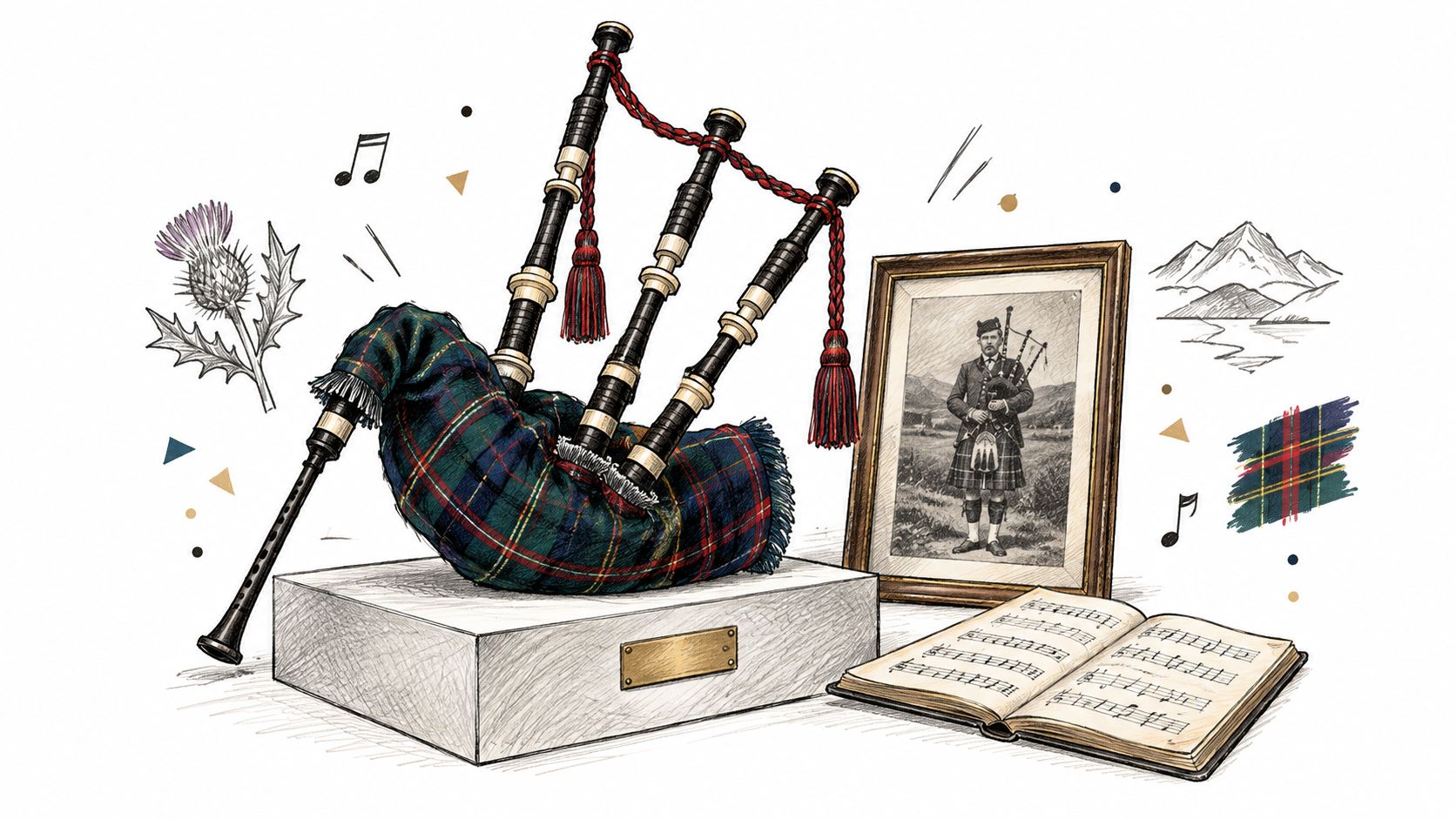 A detailed illustration featuring Scottish bagpipes, a framed photo of a piper, and a music score book.