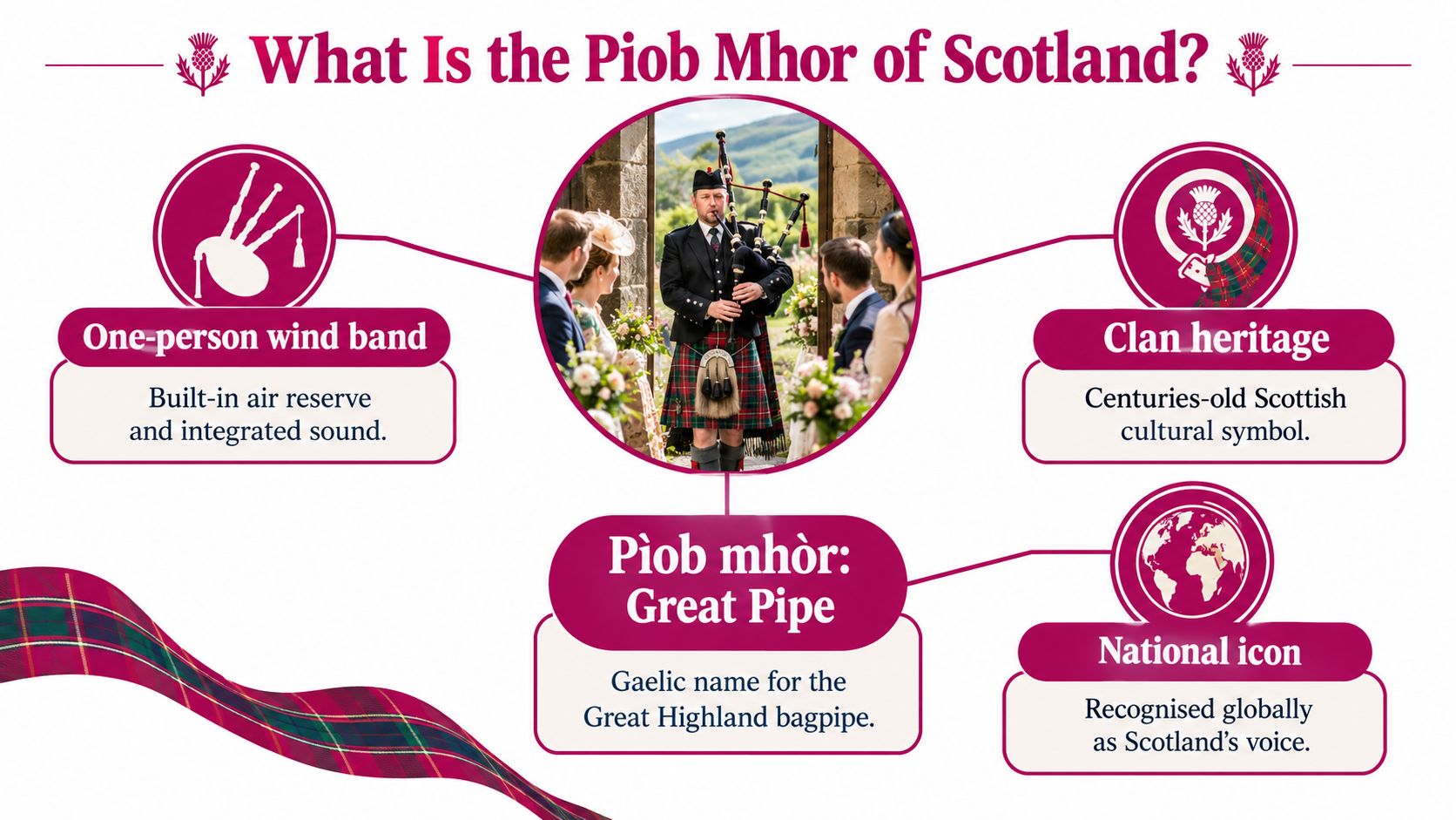 An infographic explaining the meaning and cultural significance of the traditional Scottish Piob Mhor bagpipes.