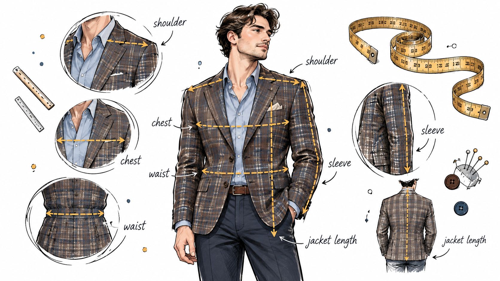 A detailed illustration showing how to measure a man's plaid blazer for a perfect custom fit.