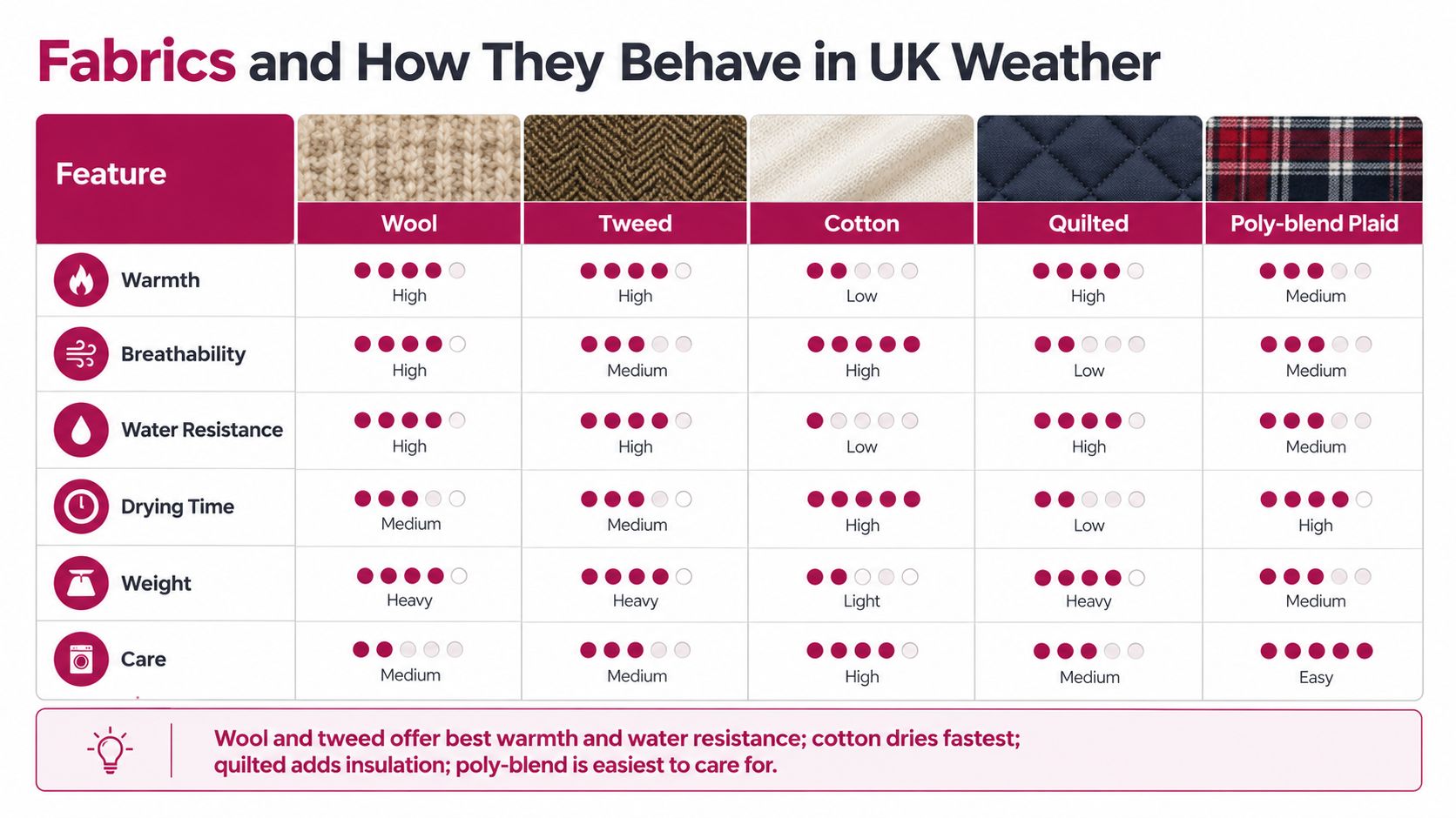 A comparison chart showing the warmth, breathability, and water resistance of wool, tweed, cotton, quilted, and poly-blend fabrics.