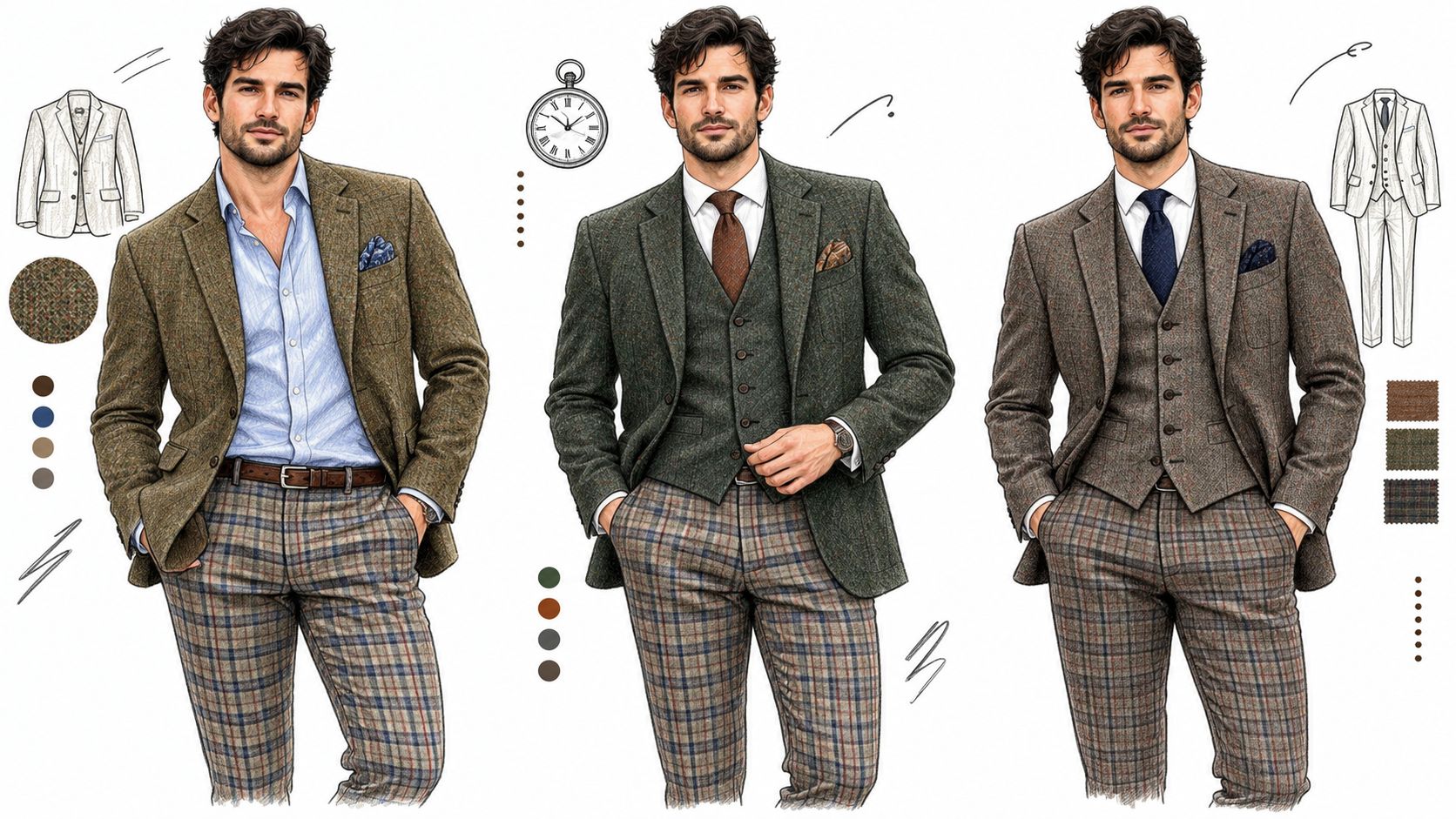 A fashion illustration showcasing men's sophisticated autumn outfits featuring tweed blazers and stylish plaid trousers.
