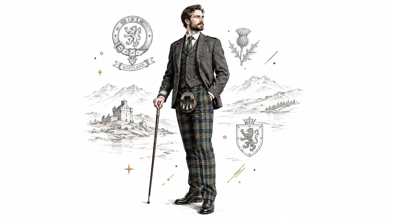 A sophisticated man wearing a blazer and plaid trousers with a sporran, standing before Scottish landscapes.