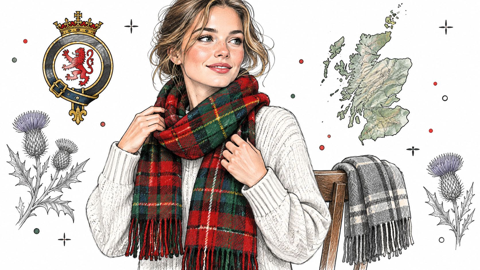 A young woman wearing a traditional Scottish plaid cashmere scarf with a map of Scotland and thistles.