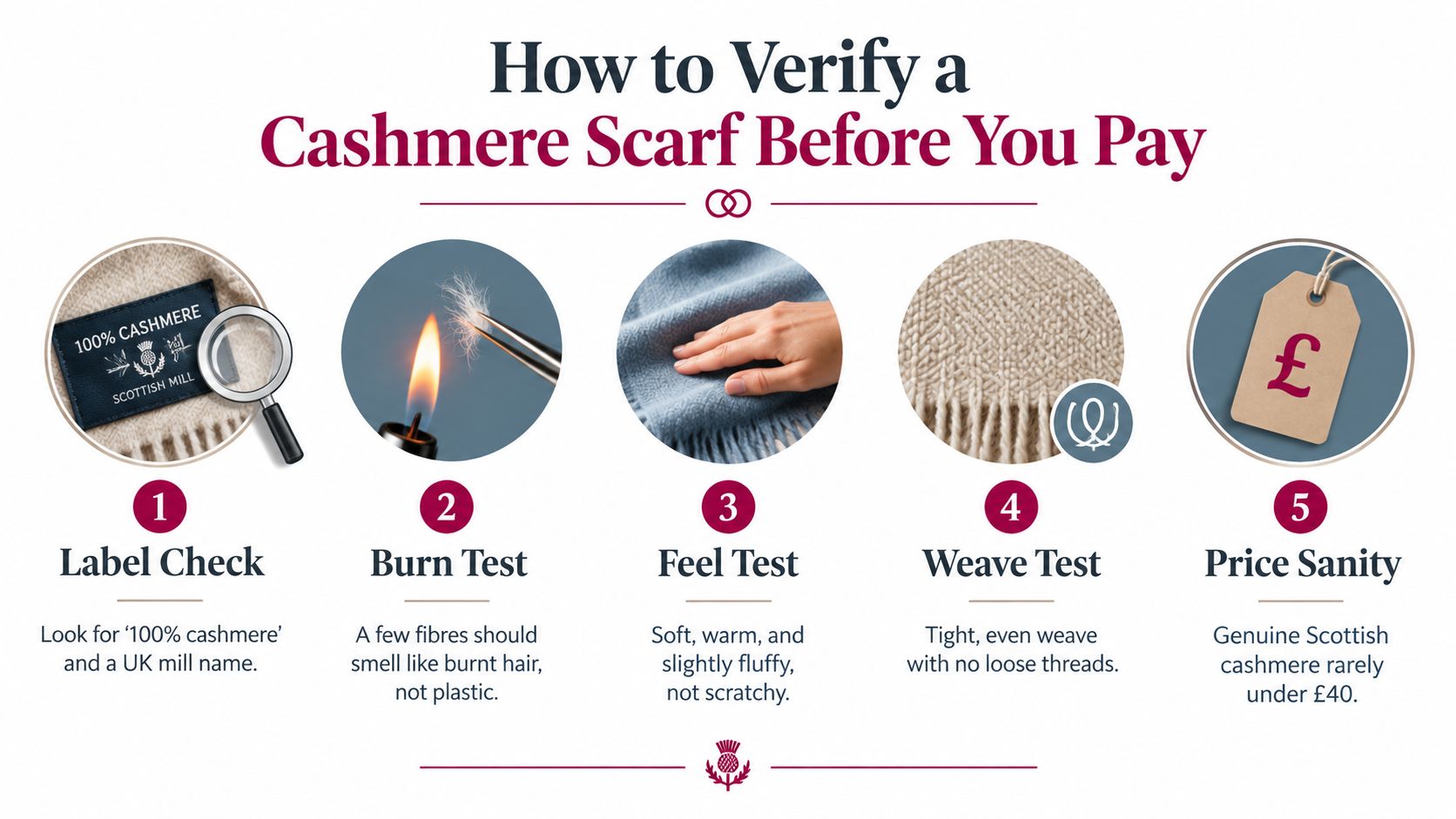 An infographic showing five steps to verify the quality of a cashmere scarf before purchasing.