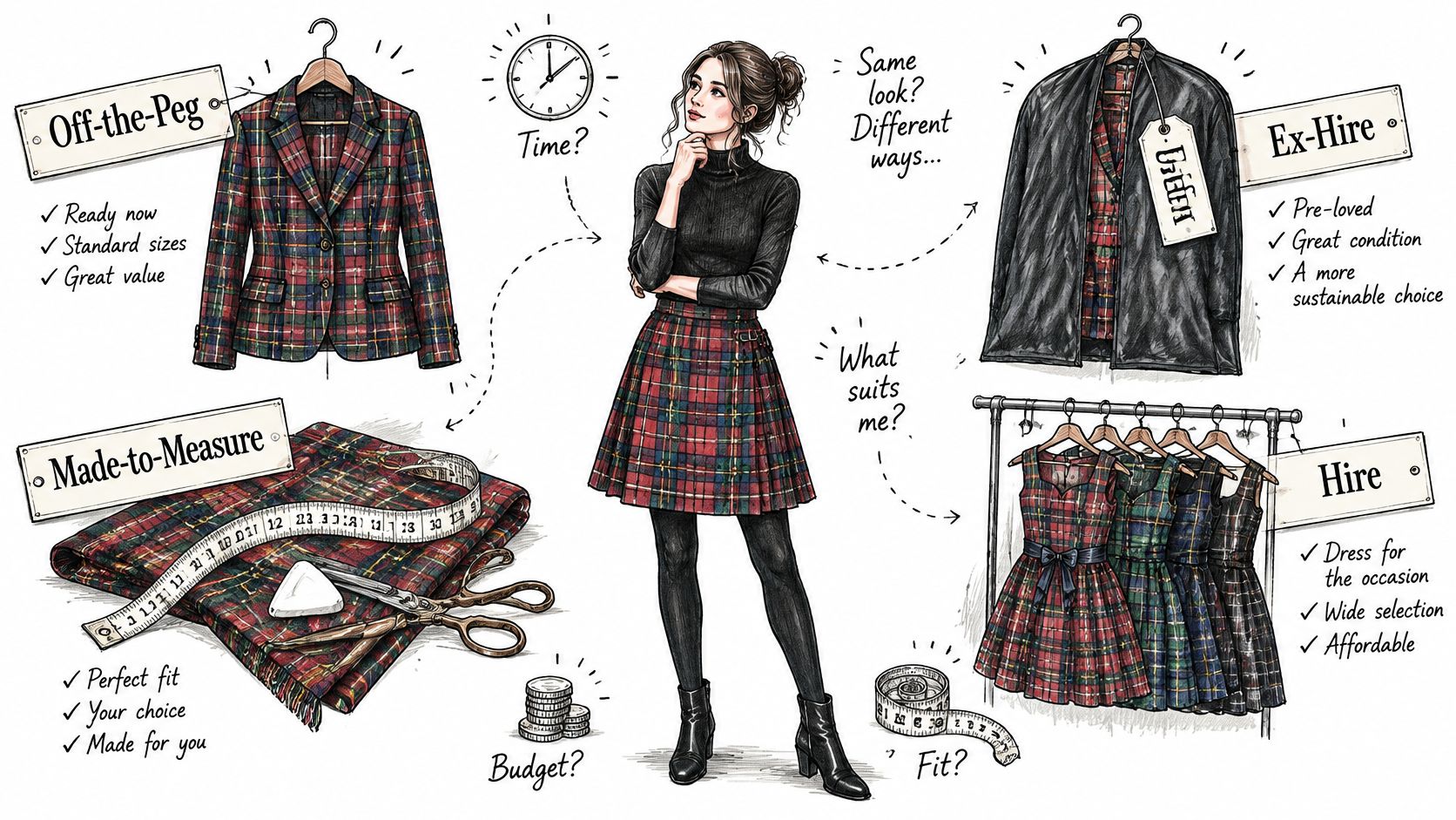 An infographic comparing different ways to acquire tartan clothing, including off-the-peg, made-to-measure, ex-hire, and rental options.