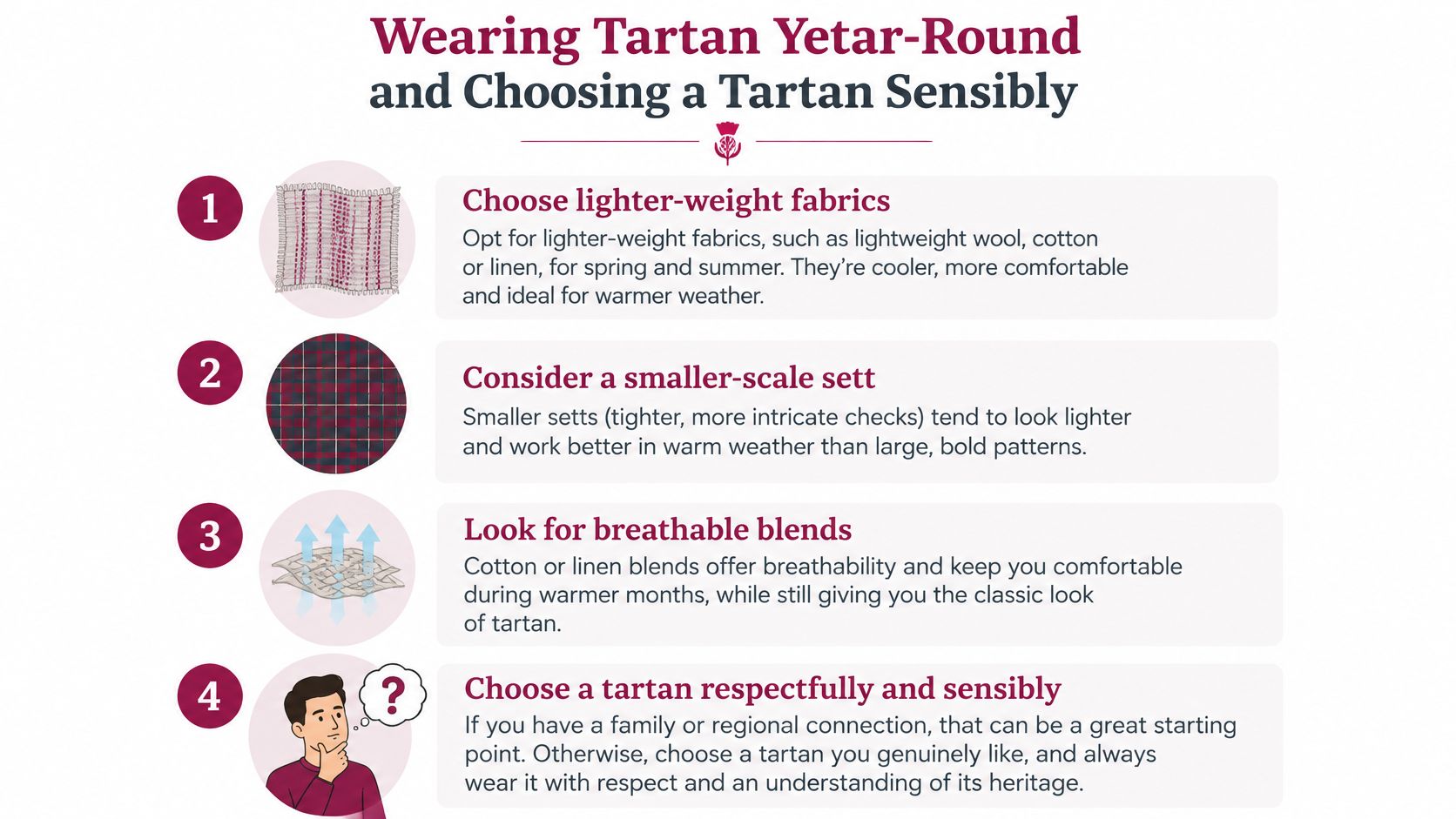 An infographic titled Wearing Tartan Year-Round, outlining four tips for selecting appropriate tartan fabrics and styles.