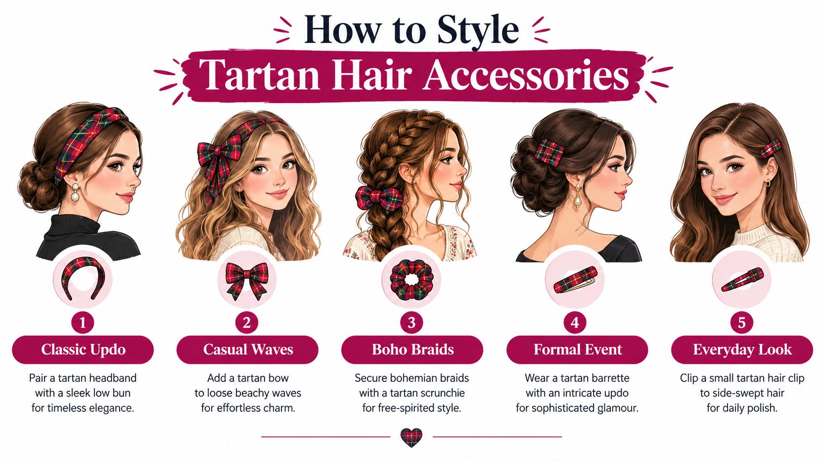 A styling guide showing five different ways to wear tartan hair accessories with varied hairstyles and looks.