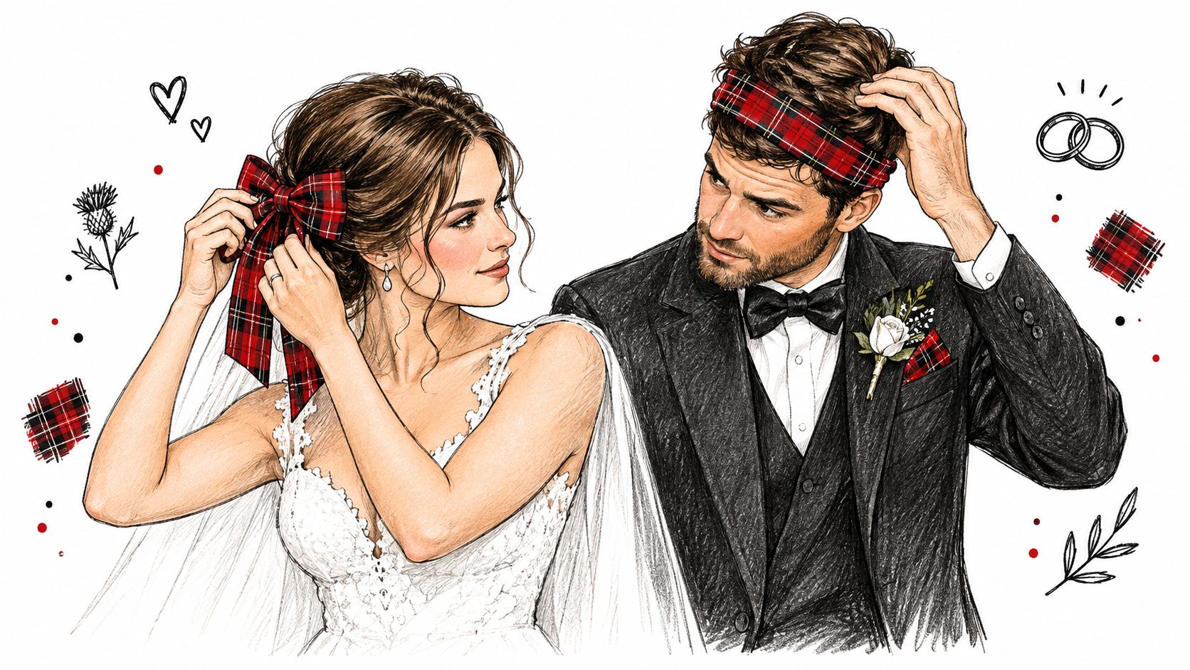 A hand-drawn illustration of a bride fixing her tartan hair bow and a groom wearing a tartan headband.