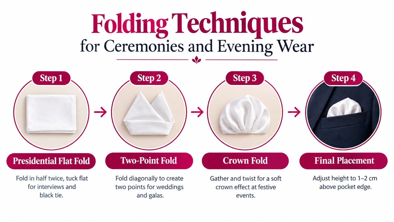 An infographic illustrating four folding techniques for a pocket square in ceremonies and evening wear contexts.