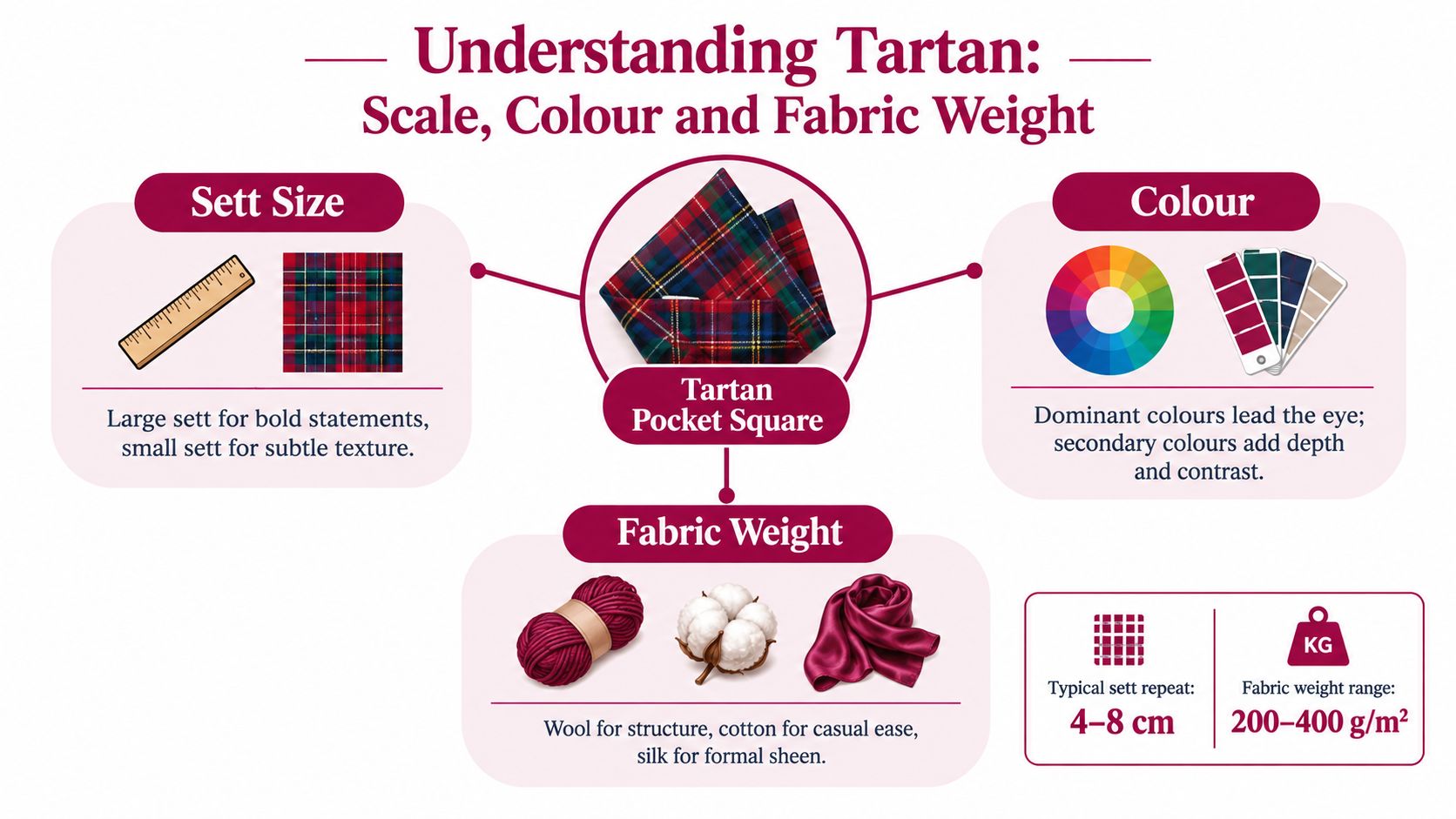 An infographic explaining the key factors of choosing a tartan pocket square, including sett size, colour, and fabric weight.
