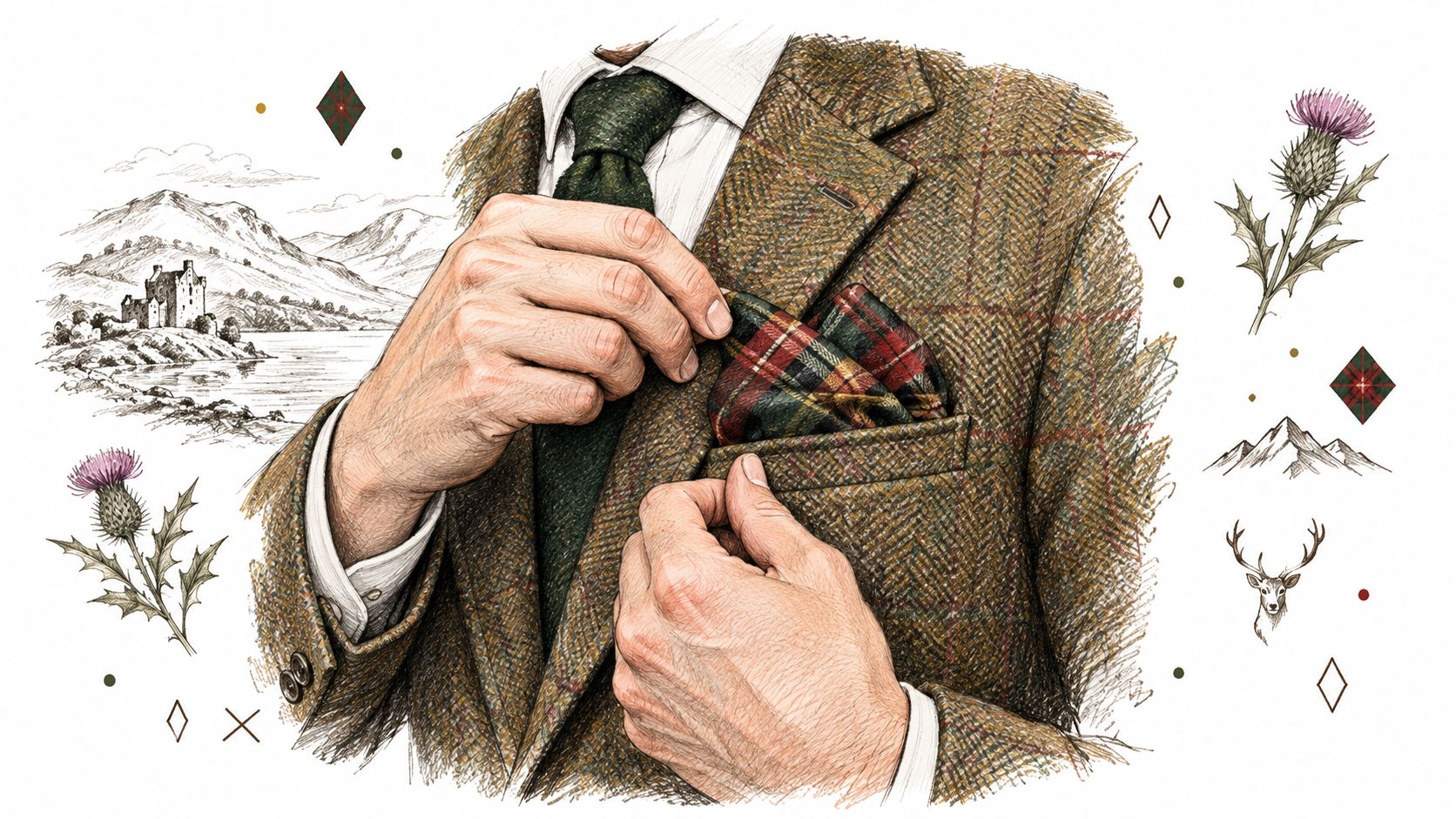 A close up illustration of a man in a tweed blazer adjusting a red and green tartan pocket square.