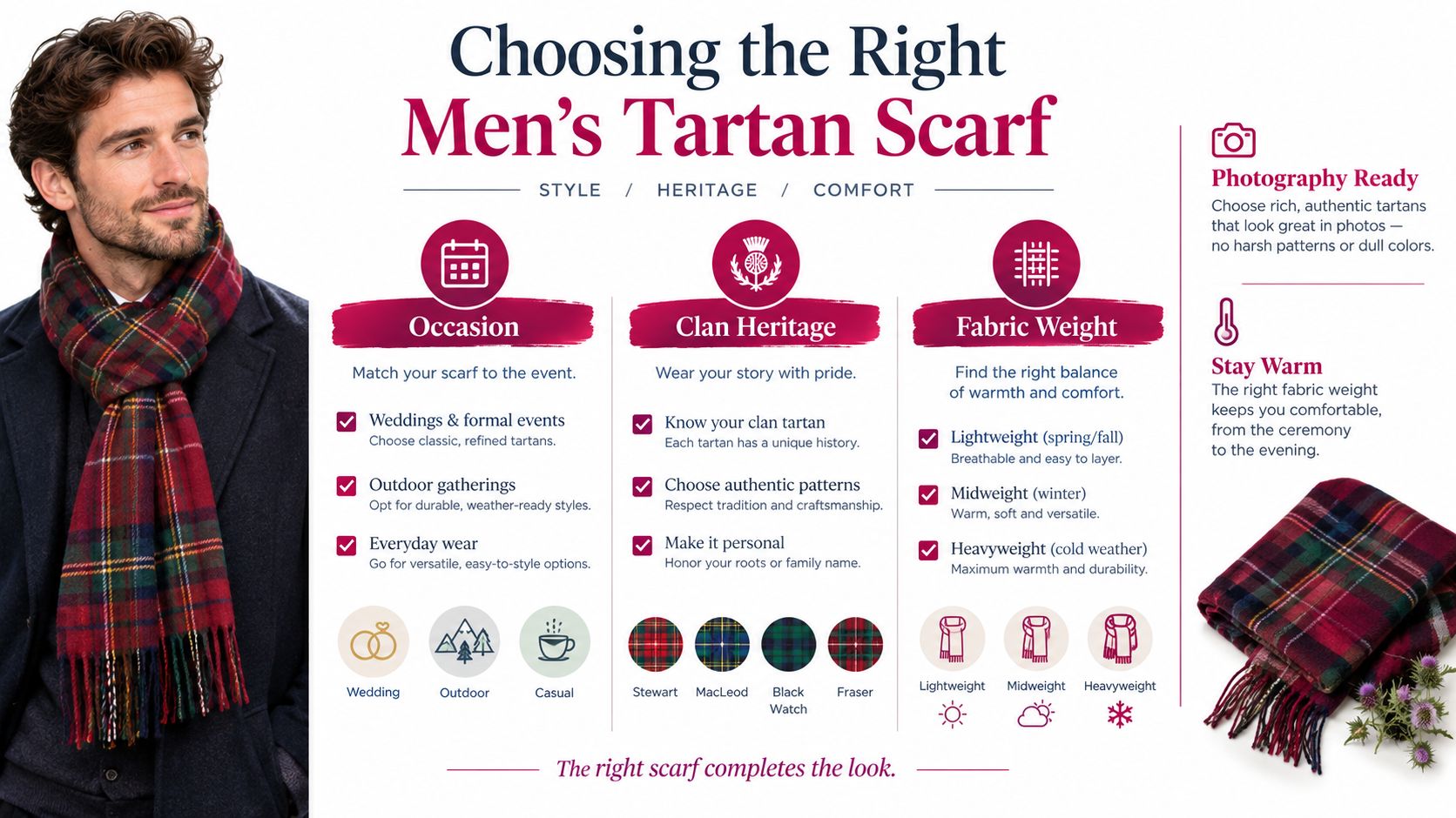 An infographic titled Choosing the Right Men's Tartan Scarf, explaining how to select styles, heritage, and fabrics.
