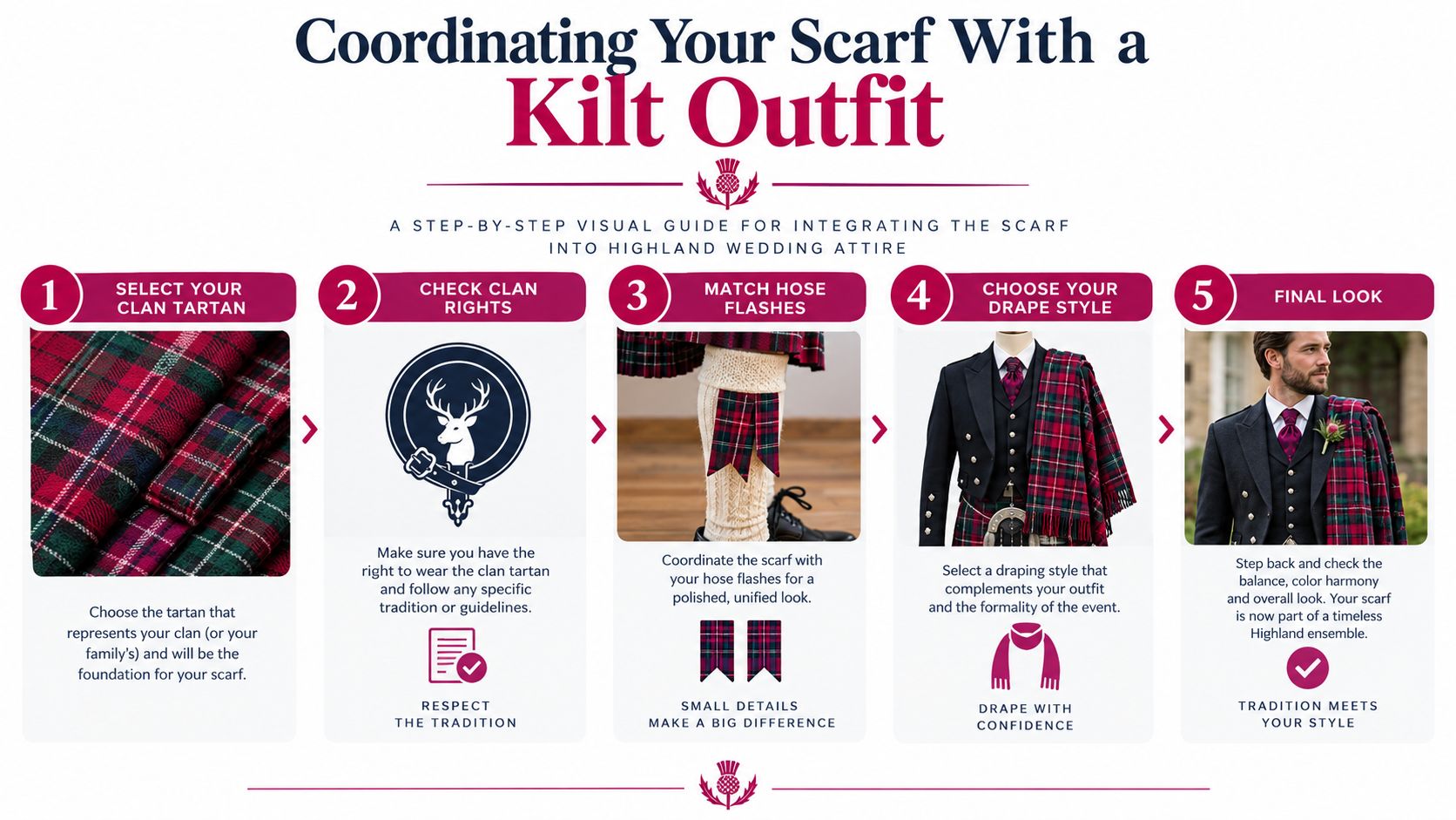 A five-step visual infographic guide on how to coordinate a traditional tartan scarf with a kilt outfit.