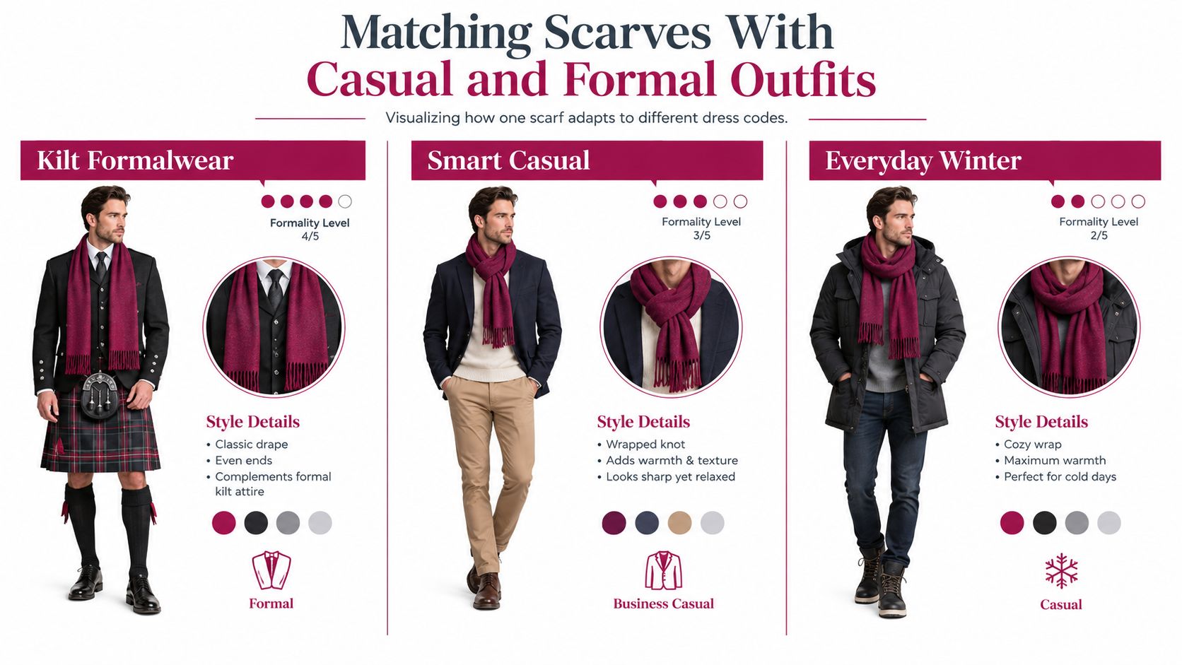 A man demonstrating how to style the same red tartan scarf for formal, smart casual, and winter outfits.