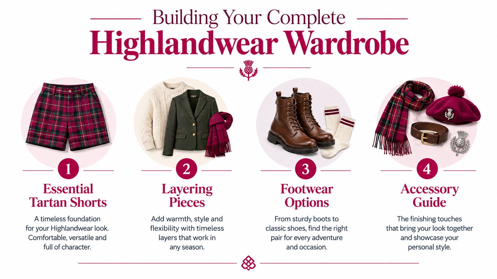 A fashion infographic displaying four essential components for building a complete traditional Highlandwear inspired wardrobe.
