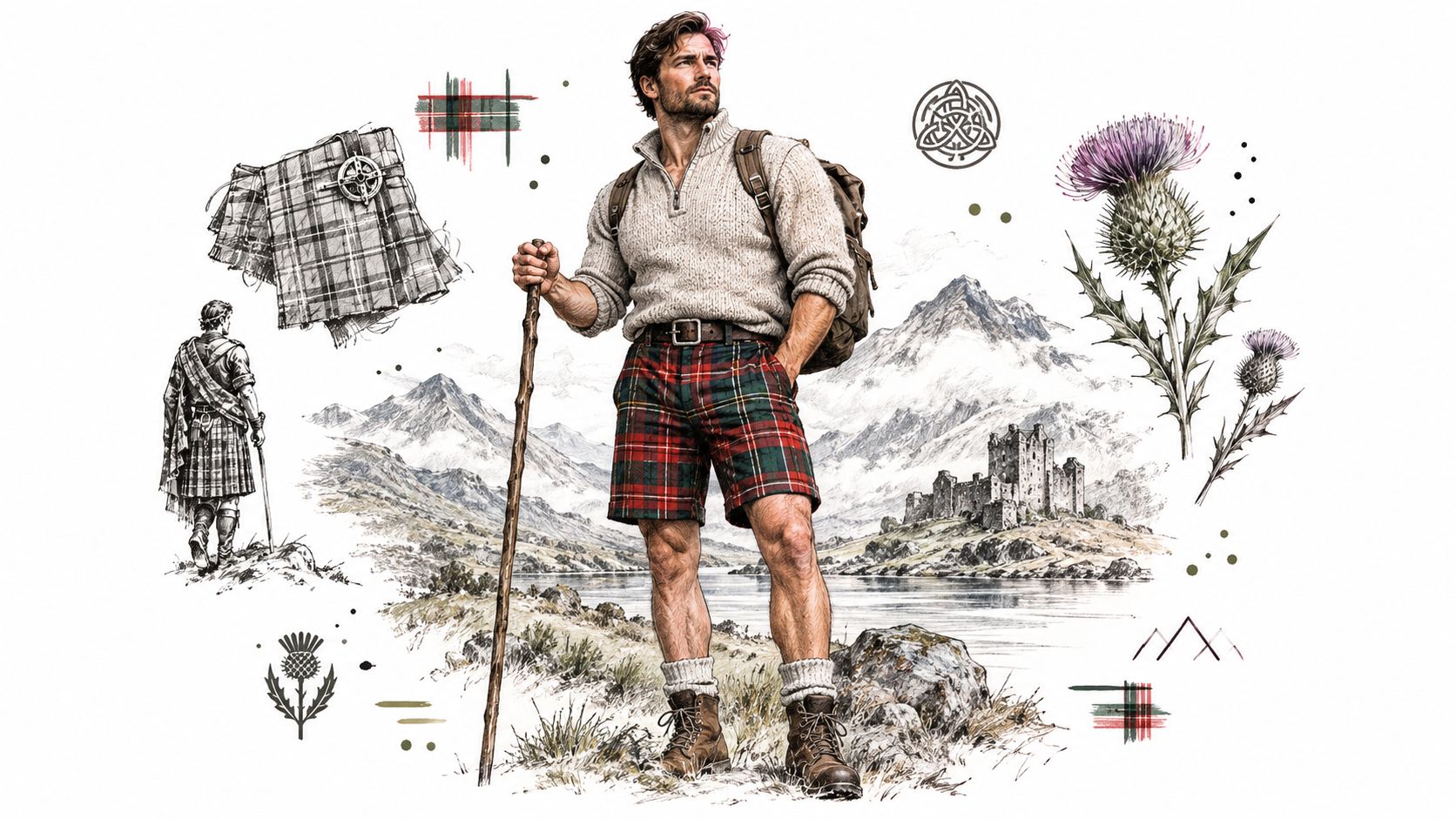 A rugged man wearing tartan shorts and a sweater standing in the Scottish Highlands with castle scenery.