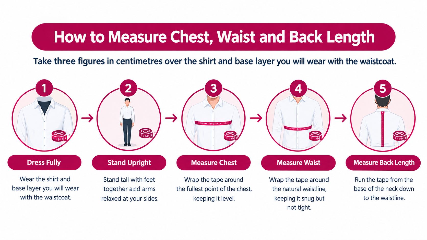 An infographic illustrating step-by-step instructions on how to measure chest, waist, and back length for waistcoats.