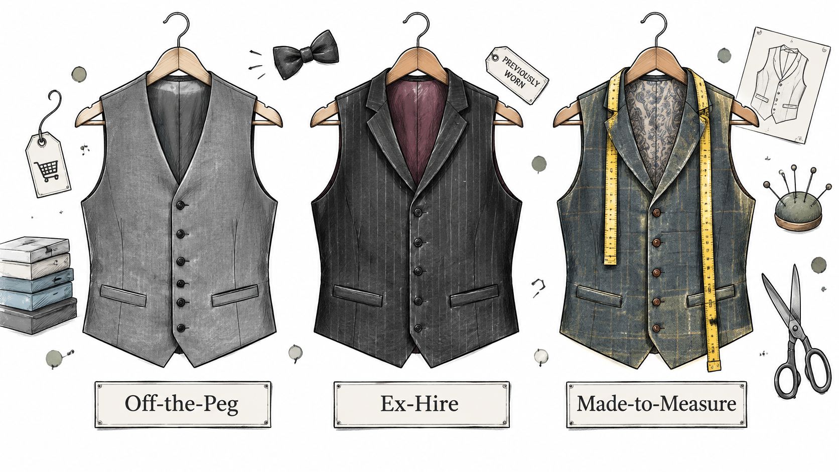 Three different styles of men's waistcoats: off-the-peg, ex-hire, and made-to-measure, displayed with various tailoring tools and accessories.