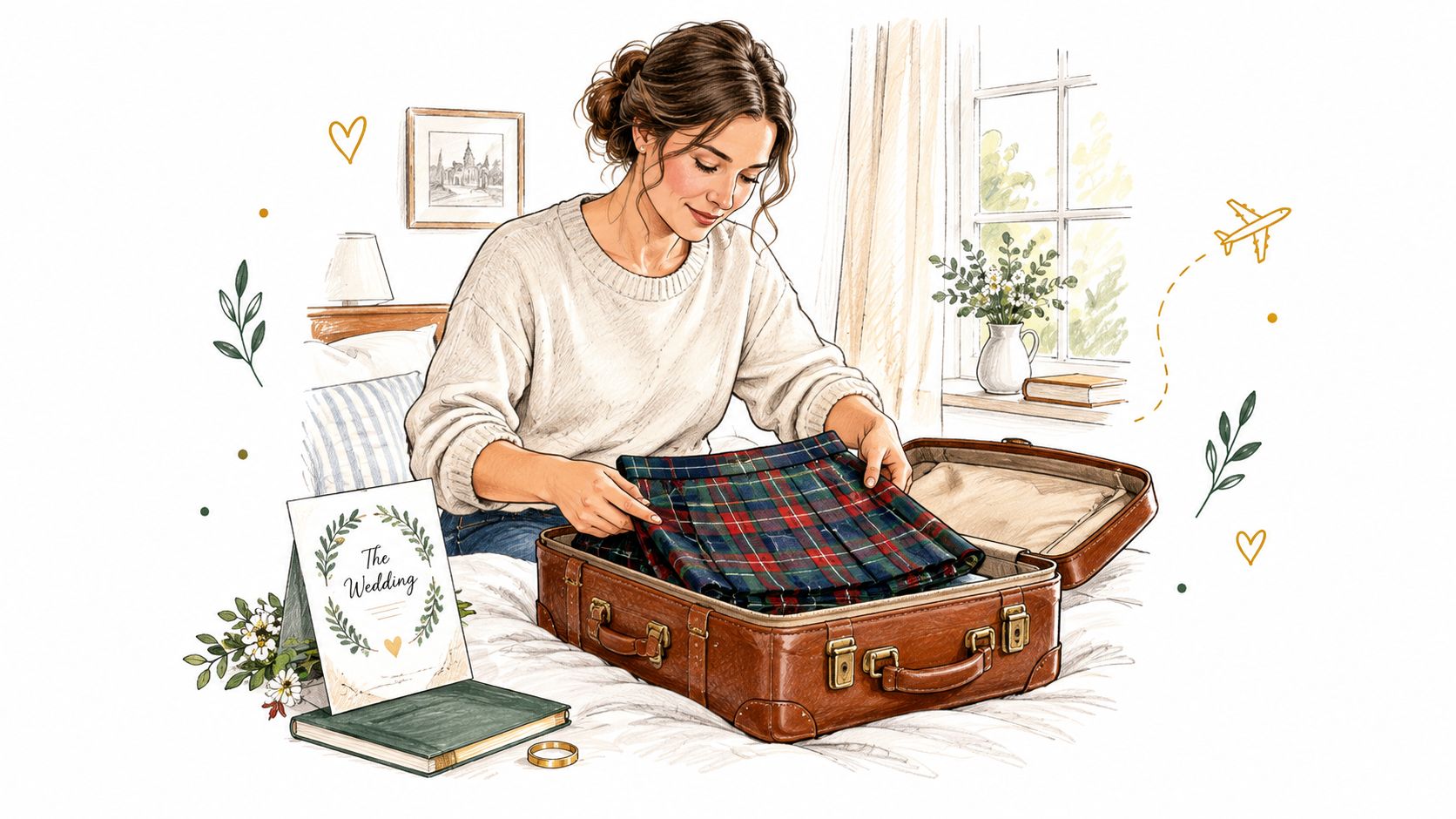 A woman packing a wool tartan skirt into a vintage brown suitcase for a wedding trip.