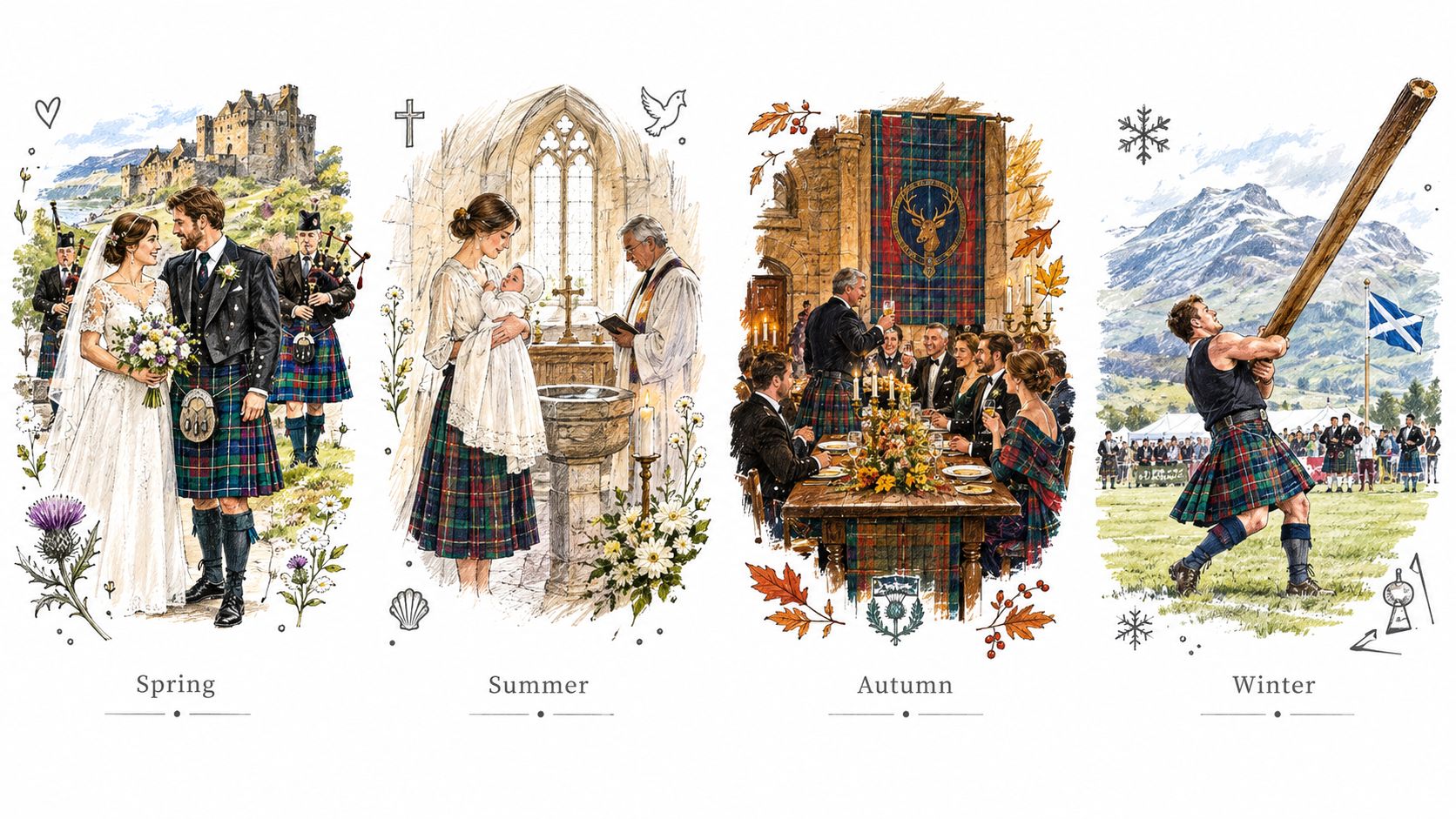 A watercolor-style illustration depicting four scenes representing Scottish seasonal life, from a wedding to traditional highland games.