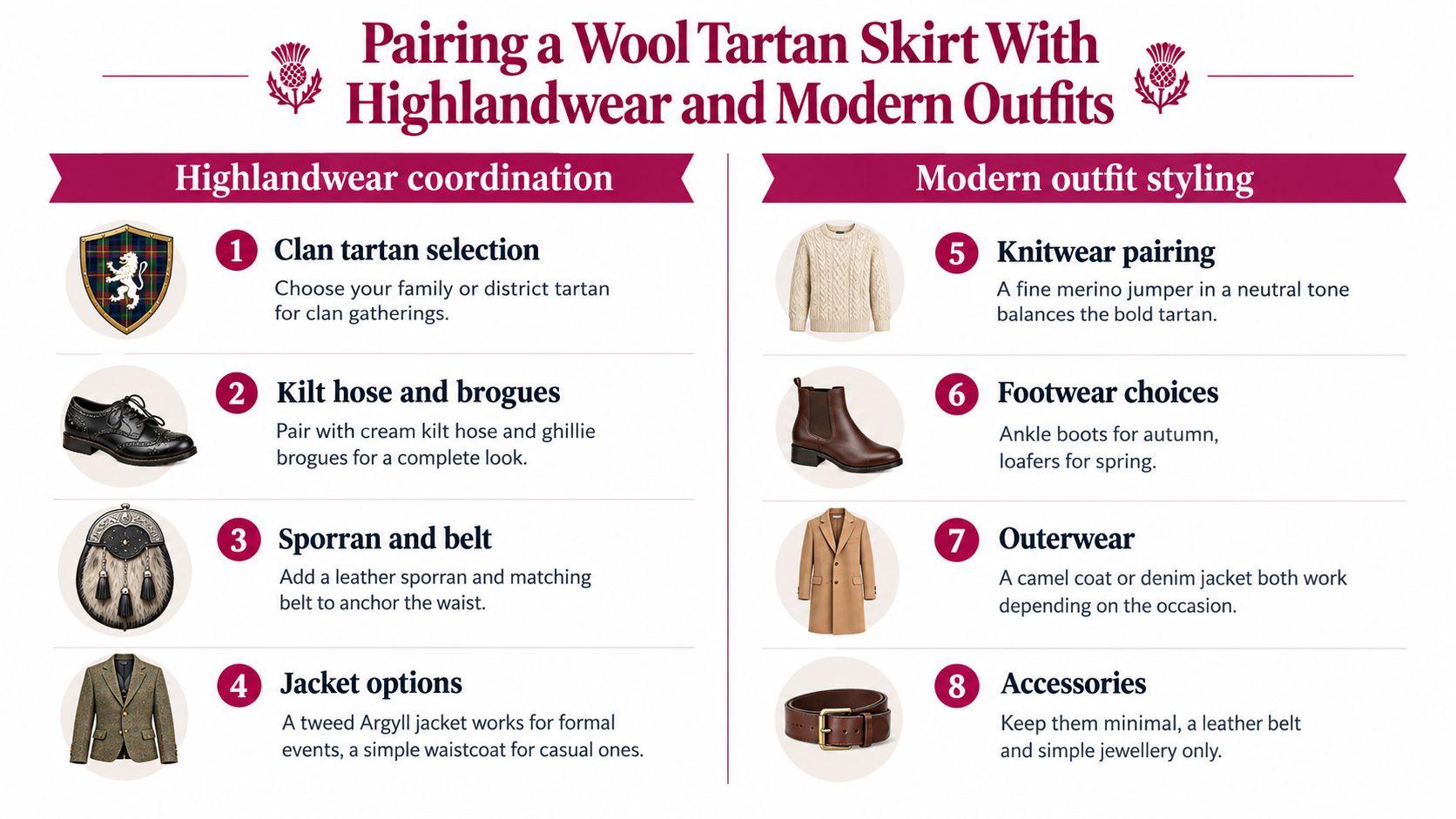 An infographic titled Pairing a Wool Tartan Skirt with Highlandwear and Modern Outfits, showcasing various styling tips.