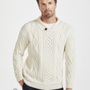 Pontoon Mens Shawl Neck Aran Sweater - Cream