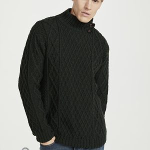 Moyne Mens Aran Sweater with Button Collar - Green